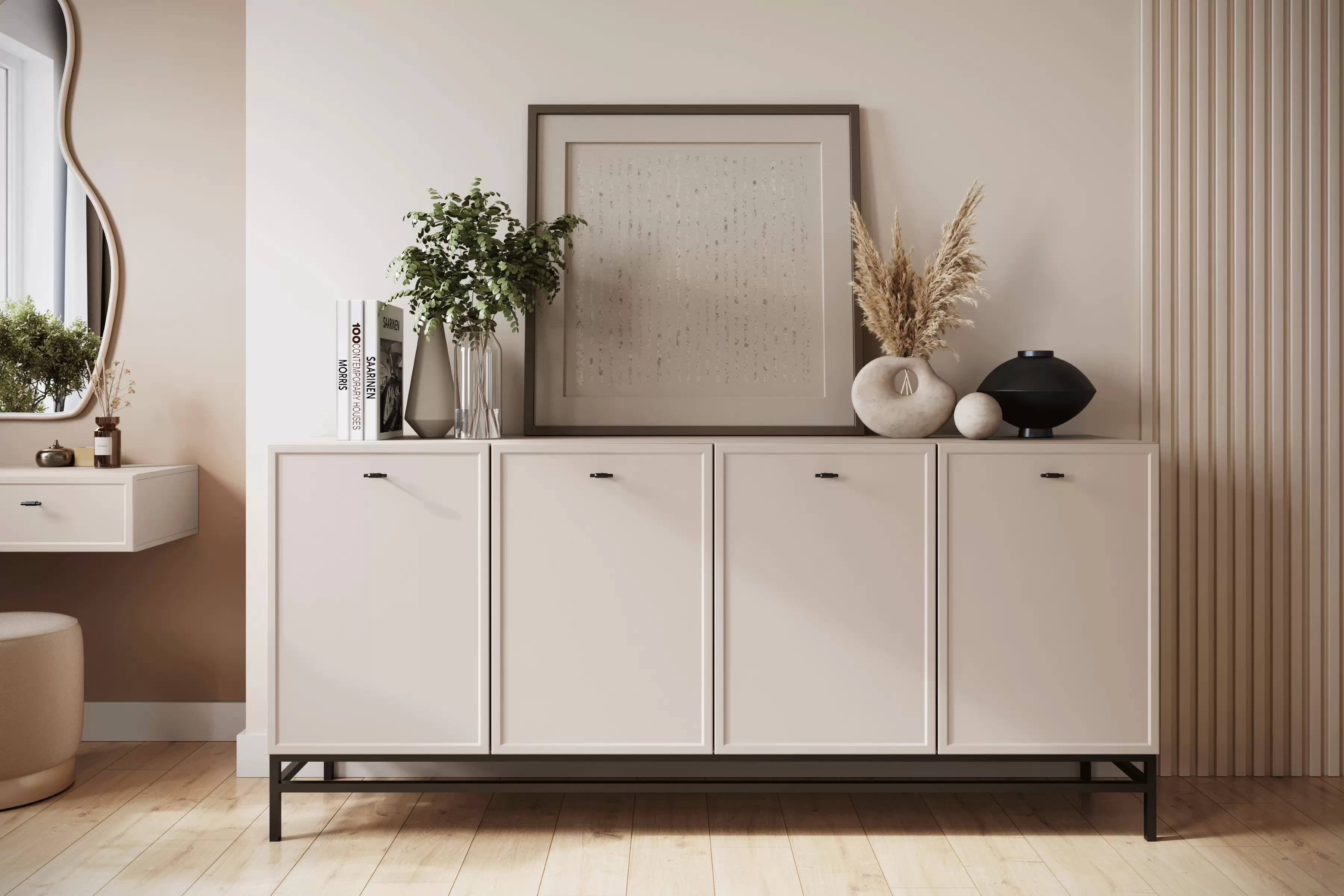 Komoda Lorini 200 cm na stojane - kašmírová / čierne úchytky T Štvordverová Komoda Lorini 200 cm - kašmír / čierny úchyty T-bar / Rošt