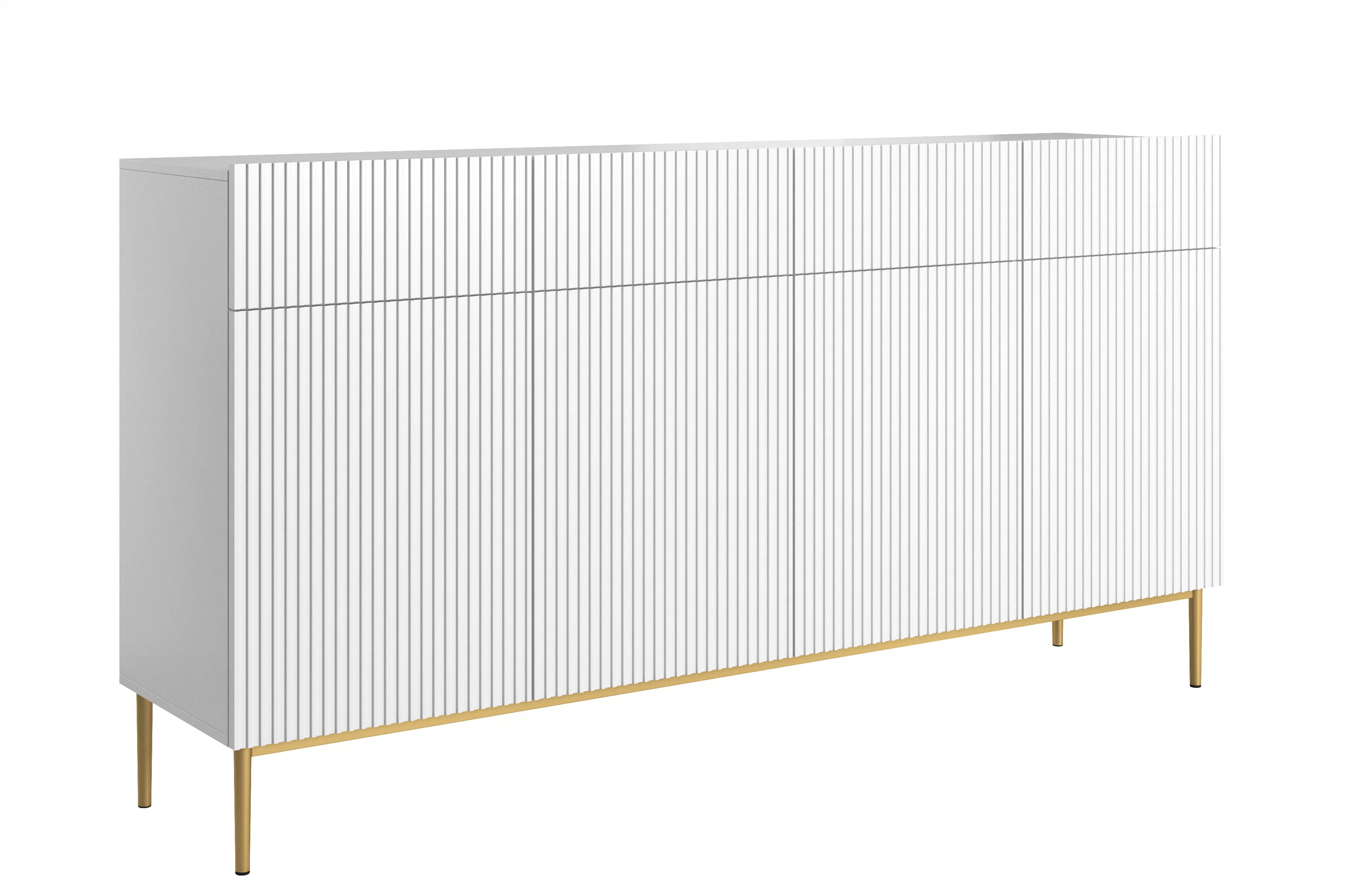 Čtyřdveřová komoda Nicole 200 cm se zásuvkami s ryhovaným čelem - bílý mat / zlaté nožky Komoda čtyřdveřová Nicole 200 cm se zásuvkami s frézovanou přední částí - bílý mat / zlote nozki