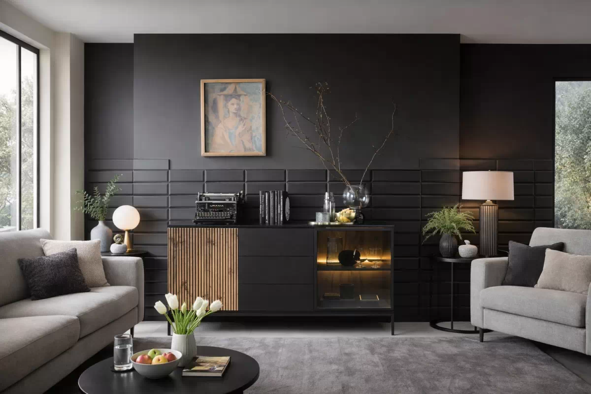 Dvojdverová komoda Bogalo 154 cm so zásuvkami a LED osvetlením - čierna / dub wotan Komoda dvojdverová Bogalo 154 cm so zásuvkami i oswietleniem LED - Čierny / Dub wotan