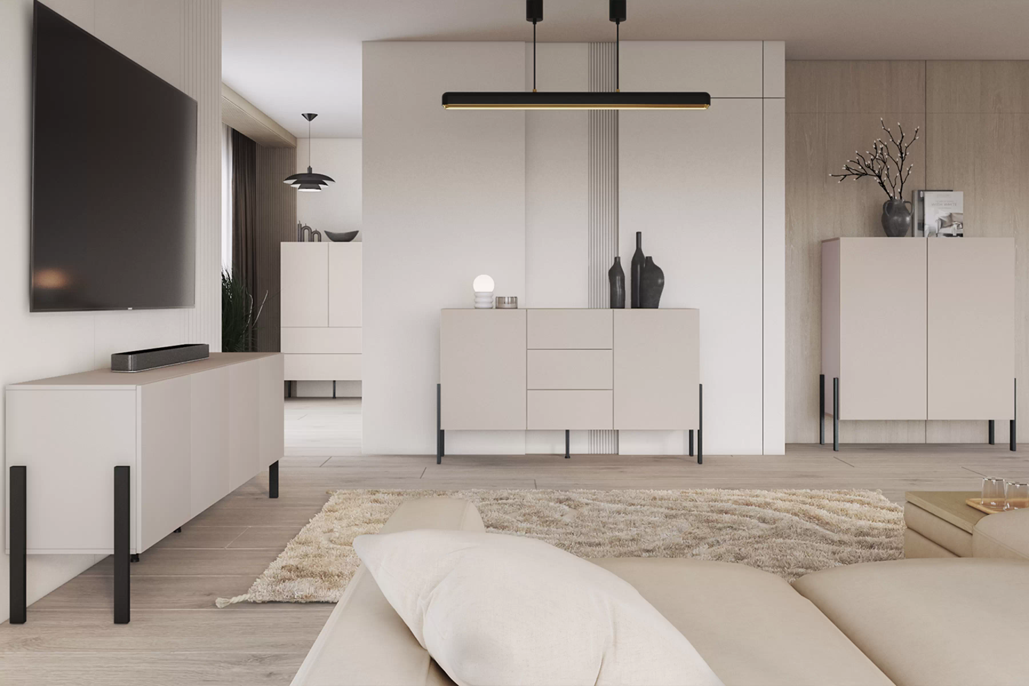 Dvoudveřová komoda Jukon 154 cm se zásuvkami - kašmír / černé nohy Komoda dvoudveřová Jukon 154 cm se zásuvkami - kašmír / černé nožičky