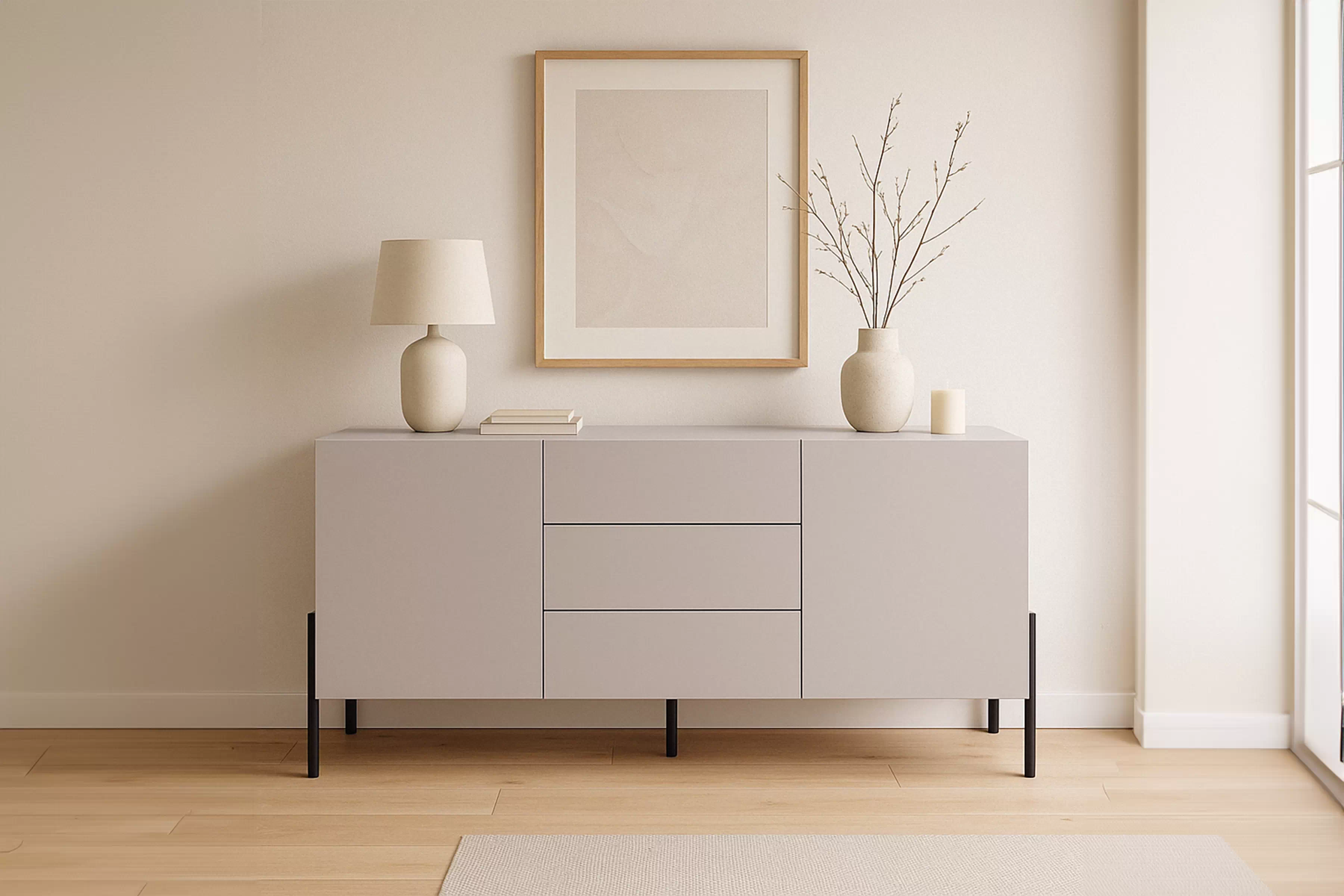 Dvoukřídlá komoda Jukon 184 cm se zásuvkami - kašmír / černé nohy Komoda dvoudveřová Jukon 184 cm se zásuvkami - kašmír / černé nožičky