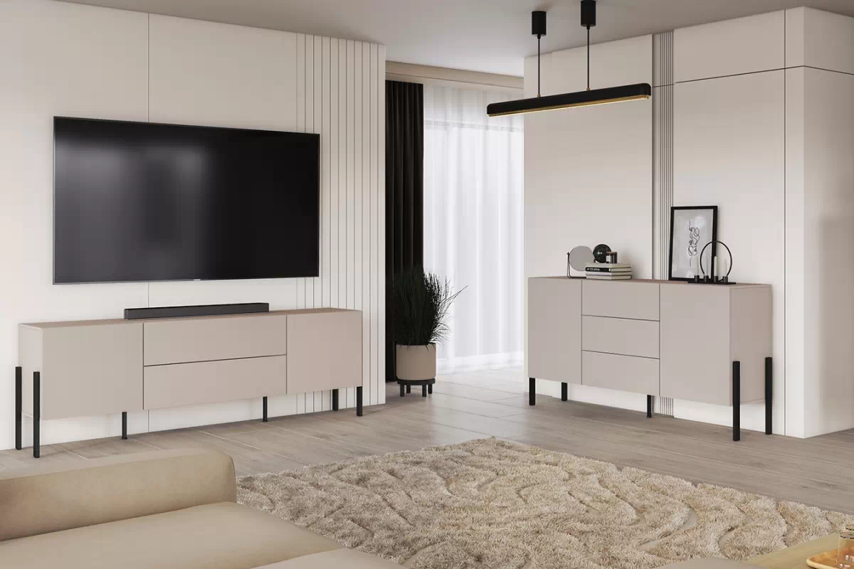 Dvoukřídlá komoda Jukon 184 cm se zásuvkami - kašmír / černé nohy Komoda dvoudveřová Jukon 184 cm se zásuvkami - kašmír / černé nožičky