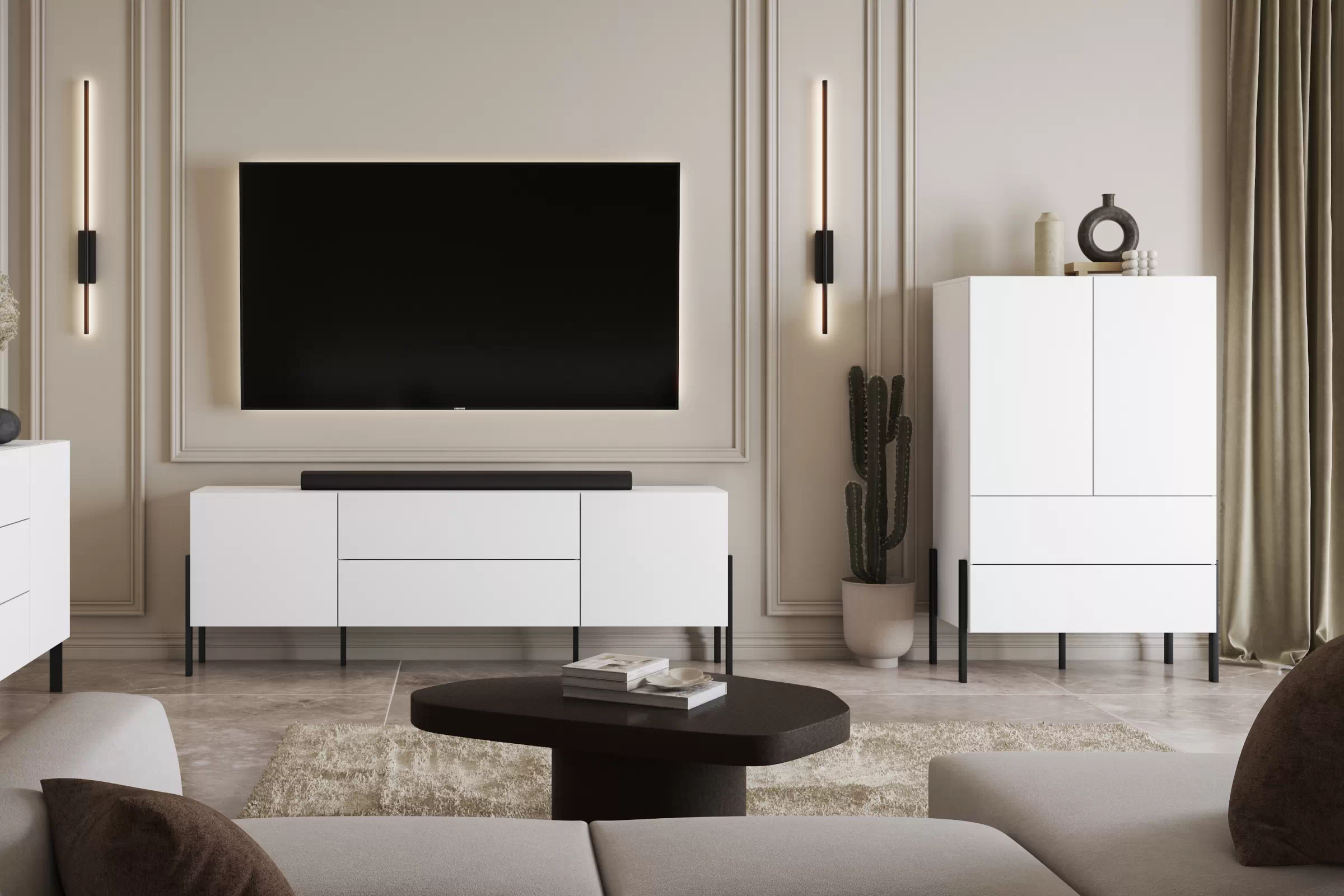 Dvoukřídlá komoda Jukon 90 cm se zásuvkami - bílý supermat / kovové nohy Komoda dvoudveřová Jukon 90 cm se zásuvkami - bílá supermat / kovové Nohy