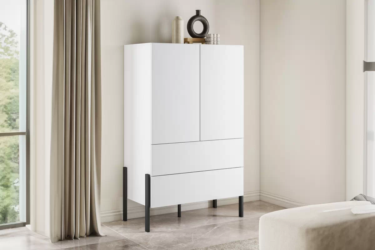 Dvoukřídlá komoda Jukon 90 cm se zásuvkami - bílý supermat / kovové nohy Komoda dvoudveřová Jukon 90 cm se zásuvkami - bílá supermat / kovové Nohy