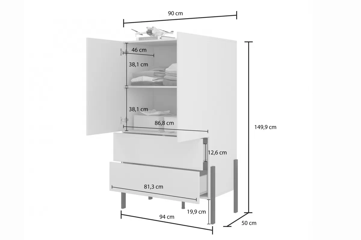 Dvoukřídlá komoda Jukon 90 cm se zásuvkami - bílý supermat / kovové nohy Komoda dvoudveřová Jukon 90 cm se zásuvkami - bílá supermat / kovové Nohy