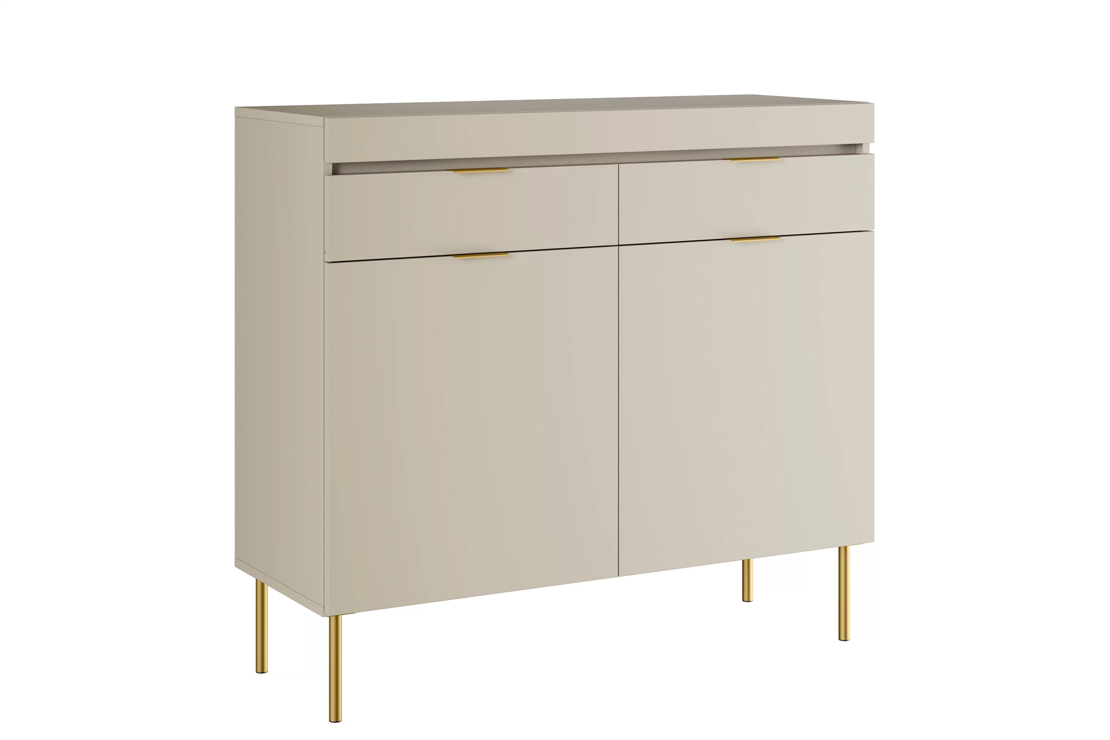 Dvoukřídlá komoda Sentia 105 cm se dvěma zásuvkami - kašmír / zlatá Komoda dvoudveřová Sentia 105 cm z dwoma zásuvkami - kašmír / zlatá