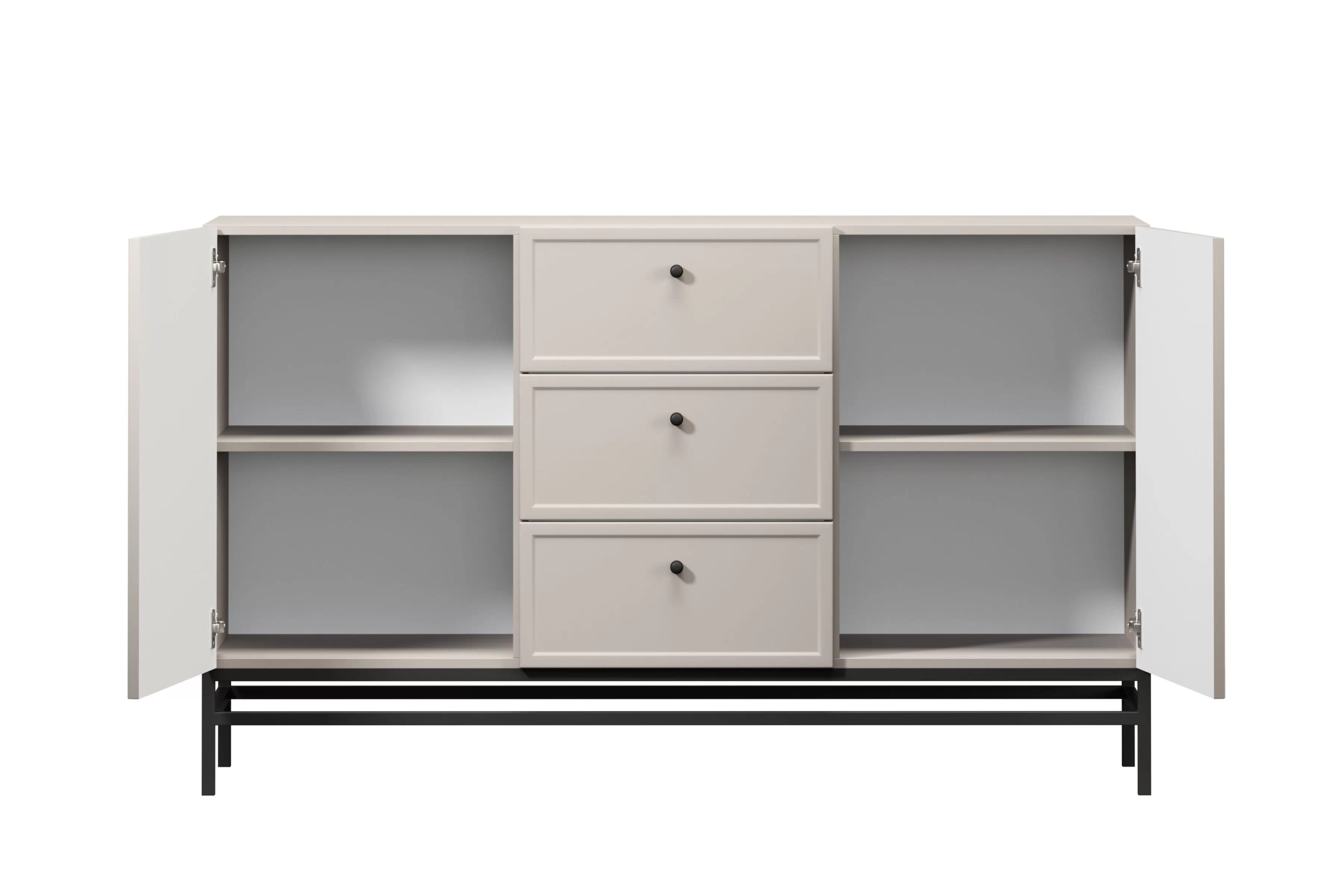 Komoda Lorini 150 cm na stojane - kašmírová / čierne úchytky G Komoda Lorini 150 cm so zásuvkami - kašmír / čierny úchyty / Rošt