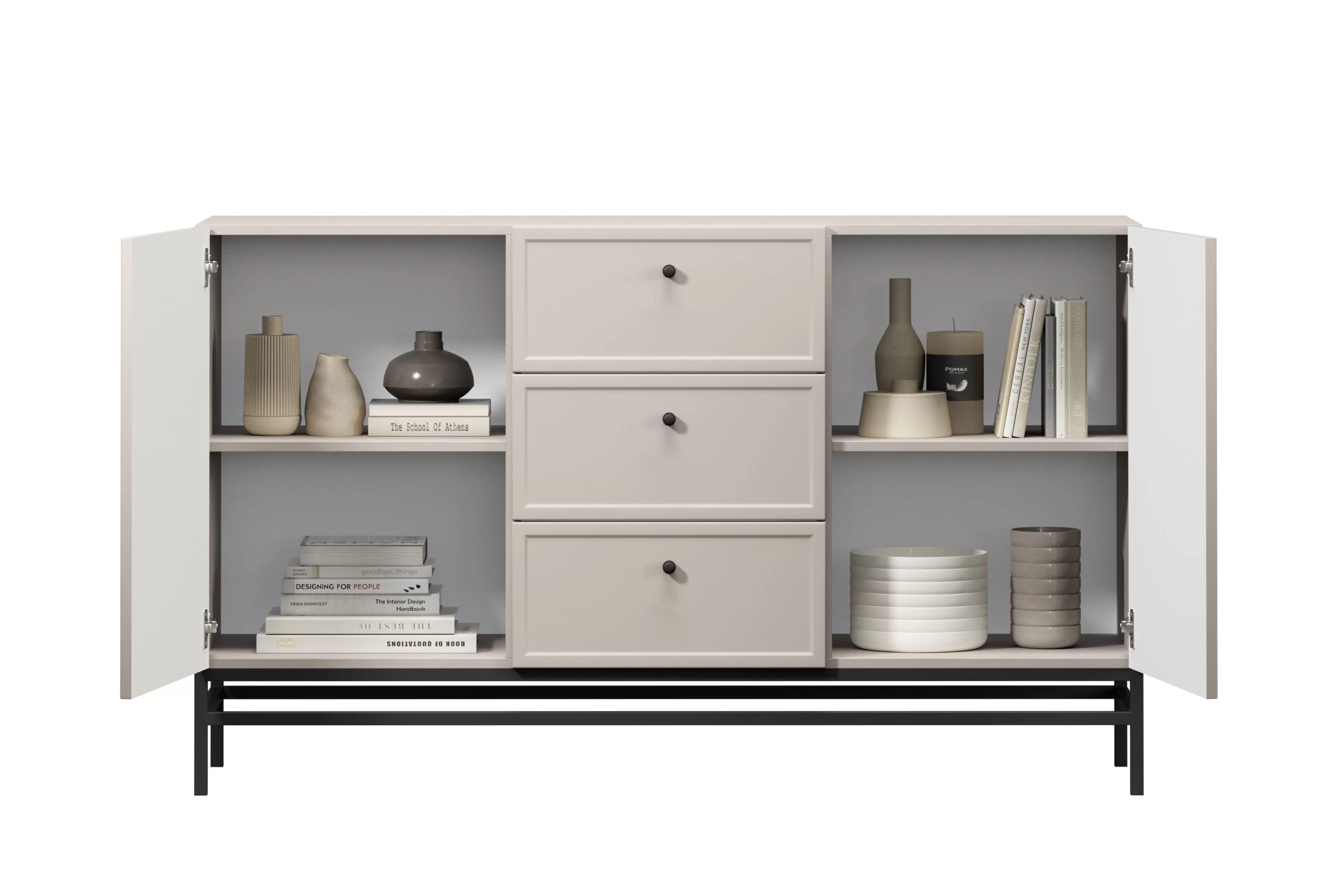 Komoda Lorini 150 cm na stojane - kašmírová / čierne úchytky G Komoda Lorini 150 cm so zásuvkami - kašmír / čierny úchyty / Rošt