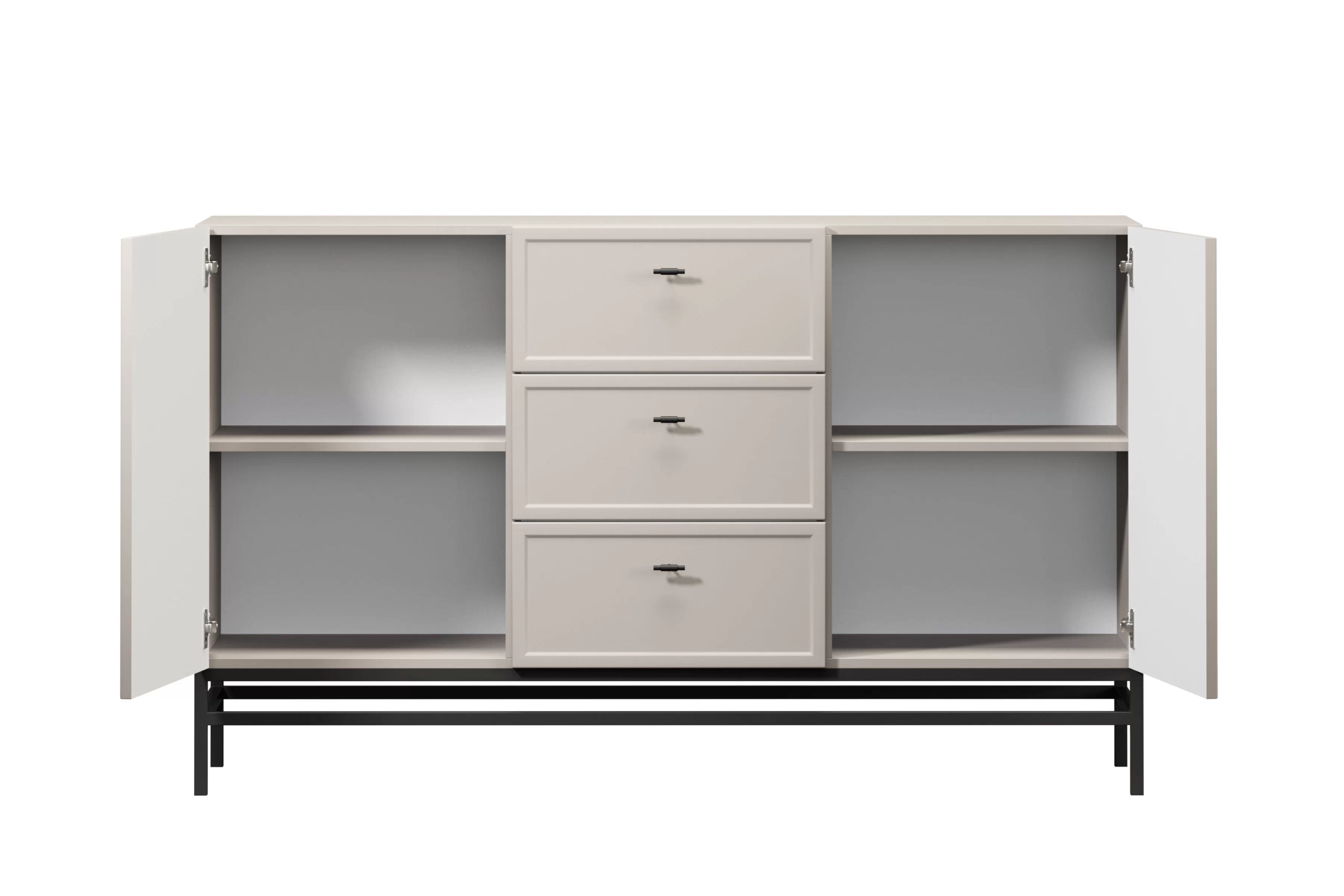 Komoda Lorini 150 cm na podstavci - kašmírová / černé úchytky T-bar Komoda Lorini 150 cm se zásuvkami - kašmír / černá Úchytky T-bar / Rošt