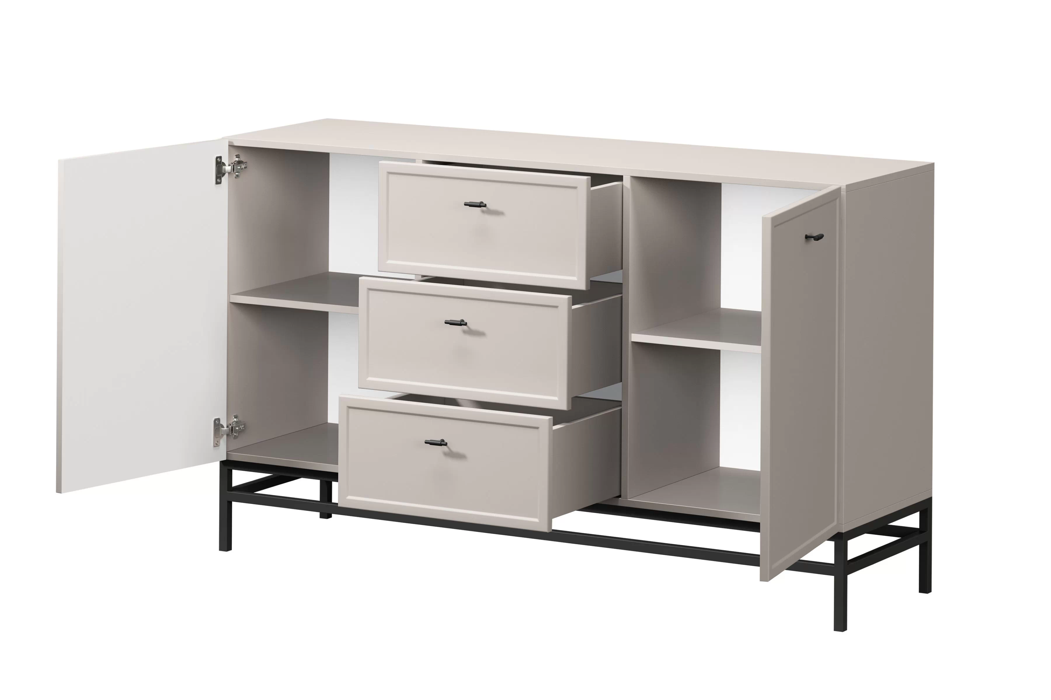 Komoda Lorini 150 cm na podstavci - kašmírová / černé úchytky T-bar Komoda Lorini 150 cm se zásuvkami - kašmír / černá Úchytky T-bar / Rošt