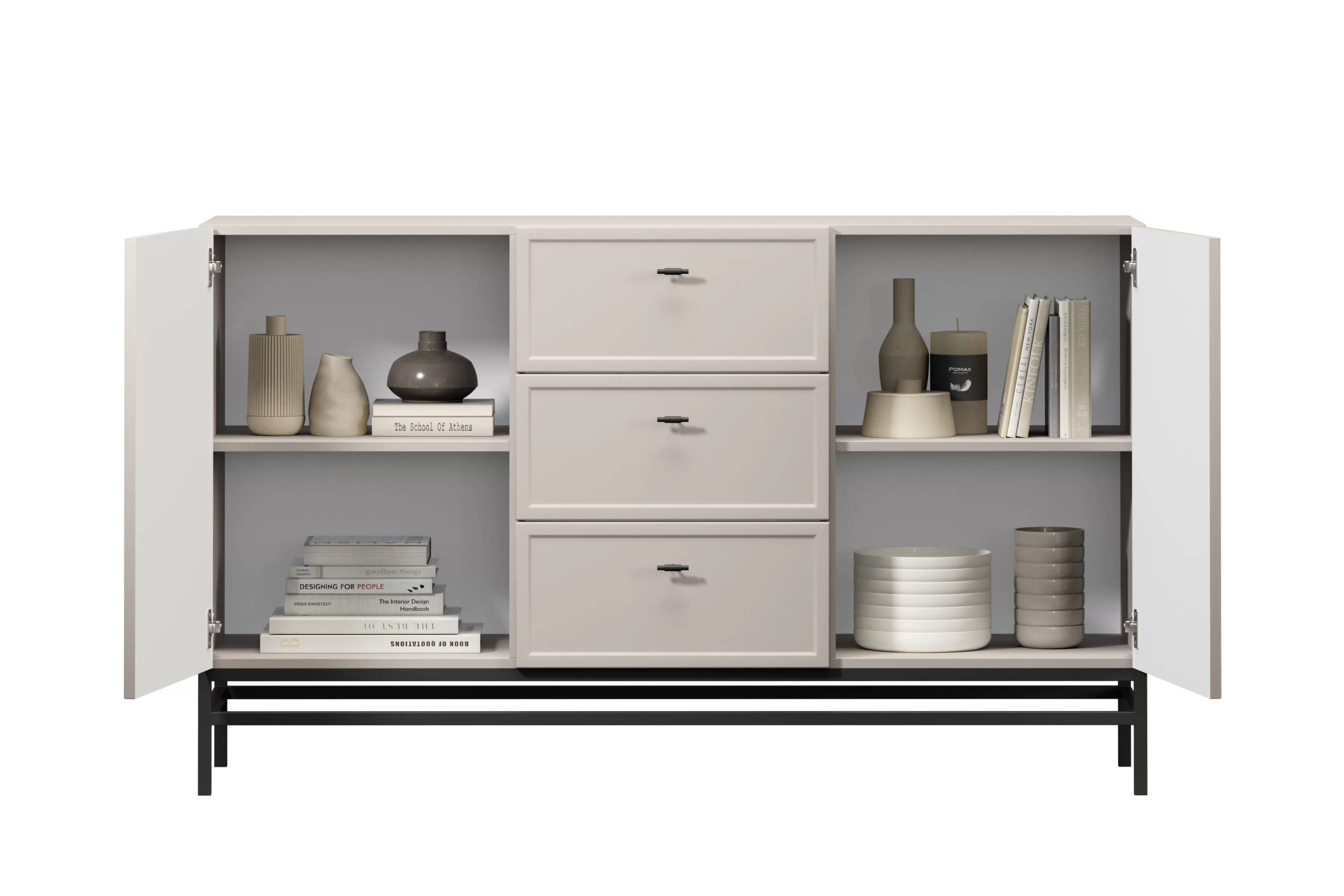 Komoda Lorini 150 cm na podstavci - kašmírová / černé úchytky T-bar Komoda Lorini 150 cm se zásuvkami - kašmír / černá Úchytky T-bar / Rošt