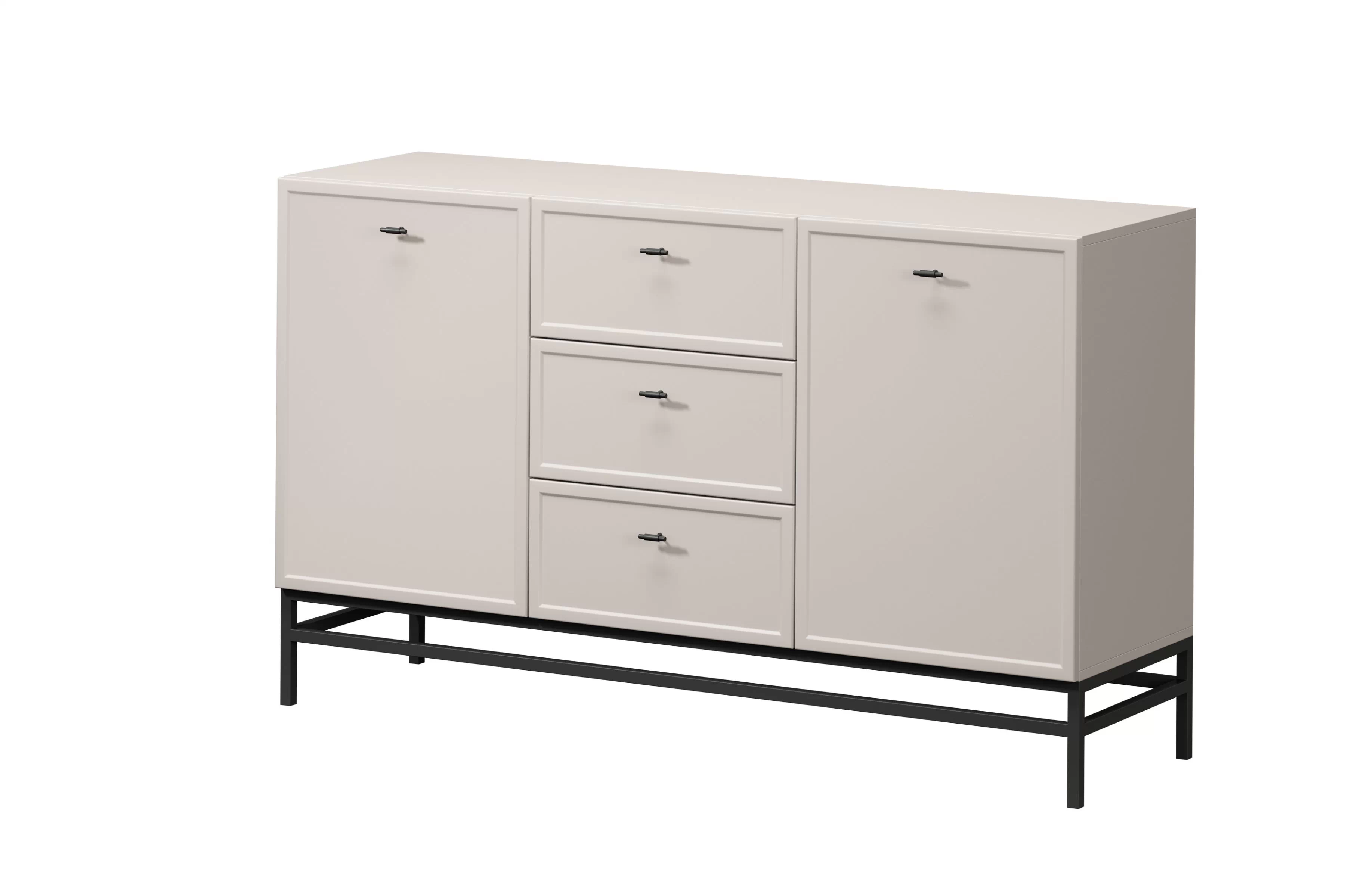 Komoda Lorini 150 cm na podstavci - kašmírová / černé úchytky T-bar Komoda Lorini 150 cm se zásuvkami - kašmír / černá Úchytky T-bar / Rošt