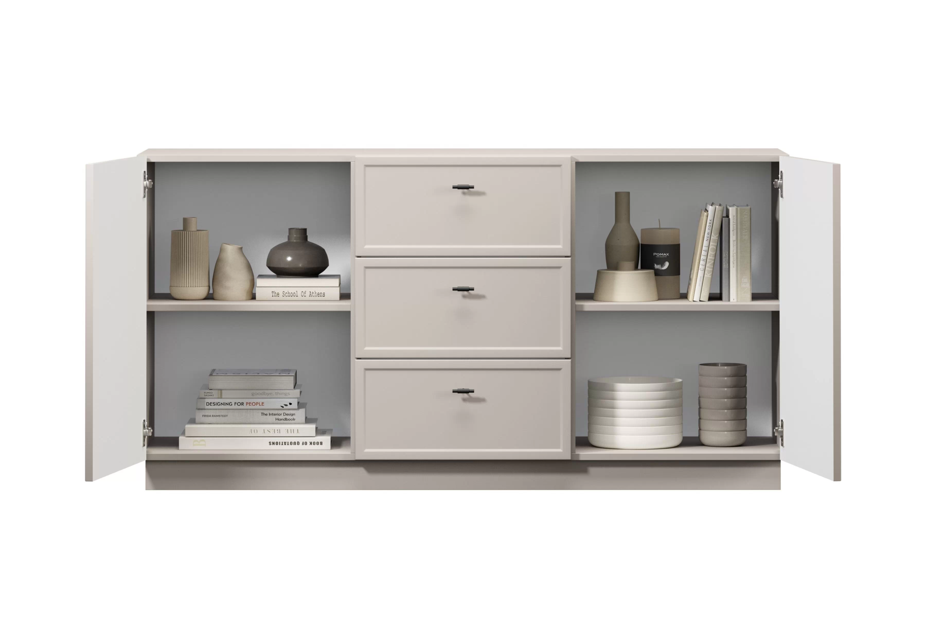 Komoda Lorini 150 cm na sokli - kašmírová / čierne úchytky T Komoda Lorini 150 cm so zásuvkami - kašmír / čierny úchyty T-bar