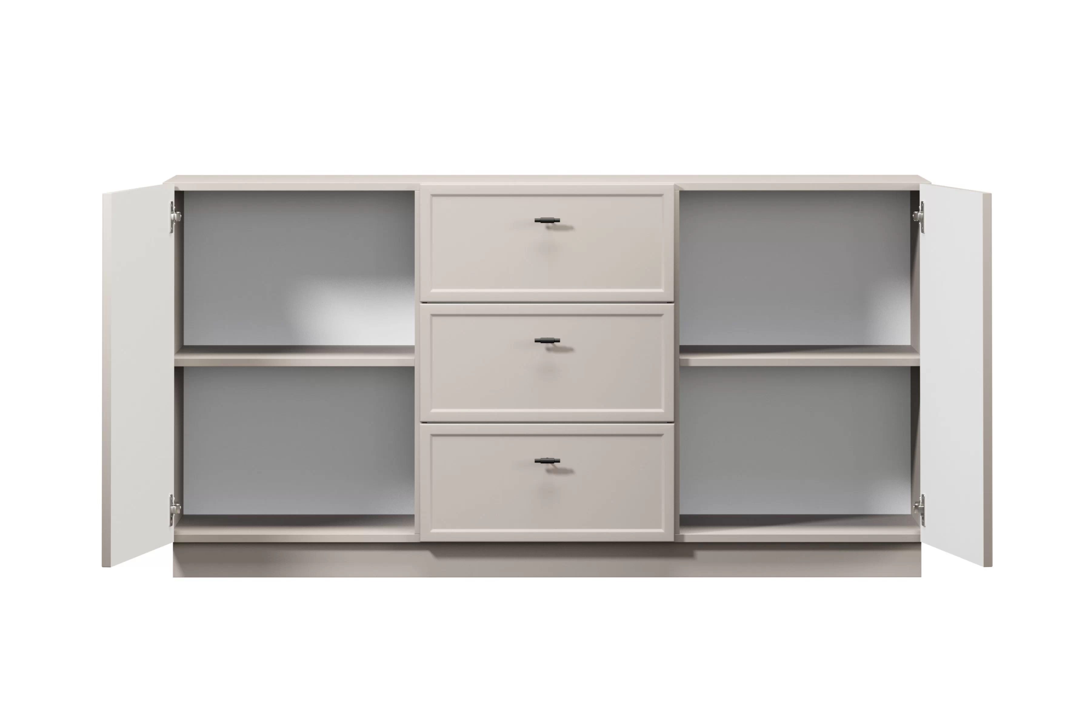 Komoda Lorini 150 cm na sokli - kašmírová / čierne úchytky T Komoda Lorini 150 cm so zásuvkami - kašmír / čierny úchyty T-bar