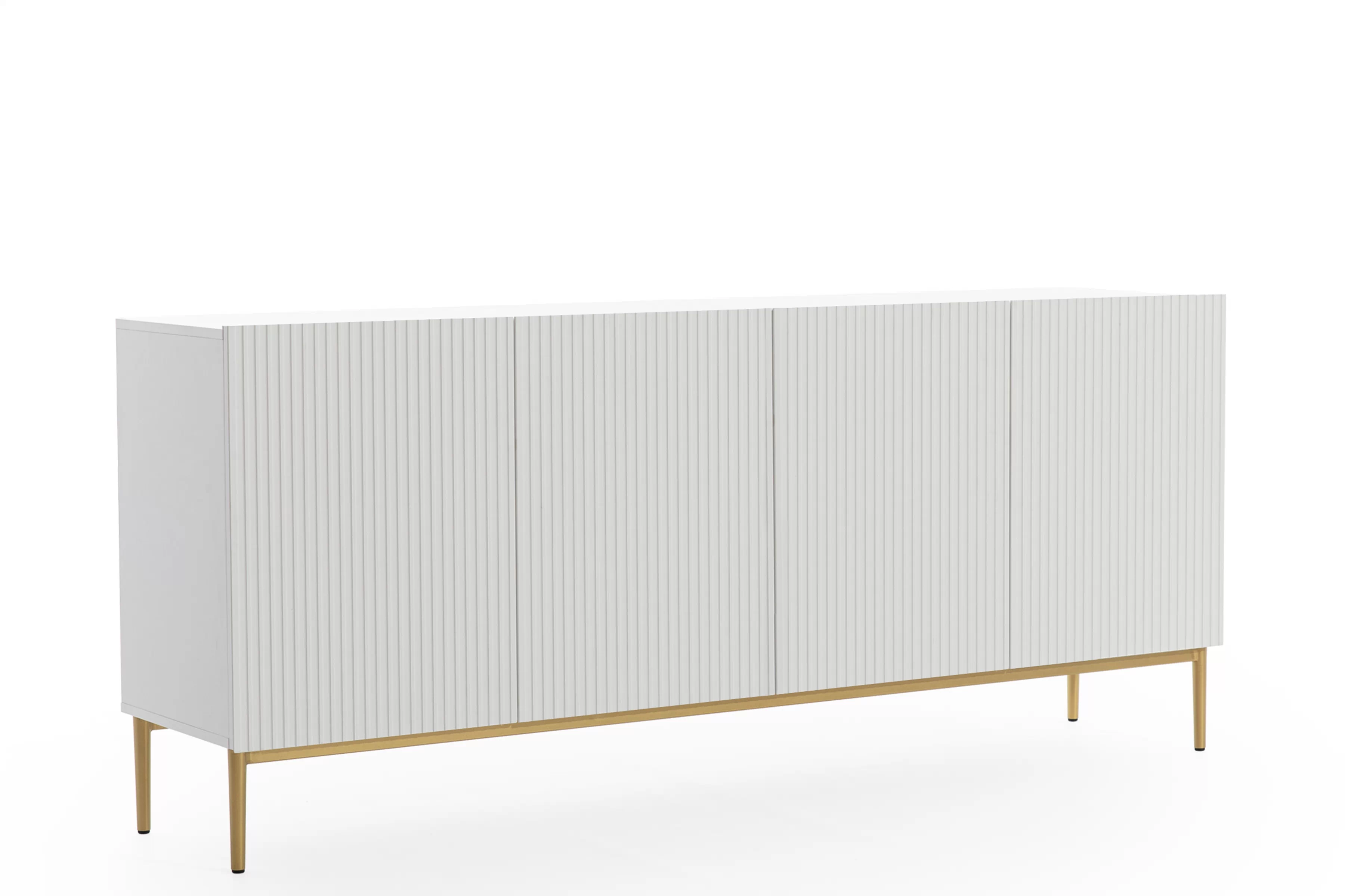 Moderní komoda Nicole 200 cm čtyřdveřová s ryhovaným čelem - bílý mat / zlaté nožky Komoda Nicole 200 cm čtyřdveřová s frézovanou přední částí - bílý mat / zlote nozki