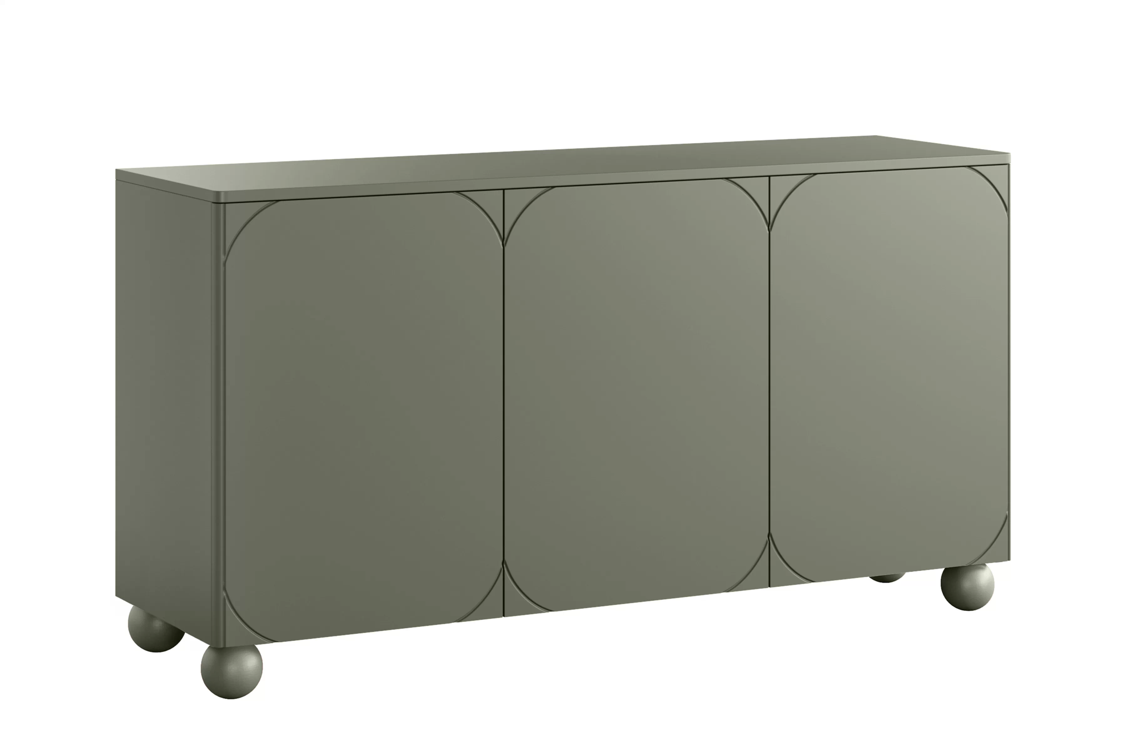 Komoda Sonatia II 150 cm so 4 ukrytými zásuvkami - olivová Komoda Sonatia II 150 cm trojdverová z czterema ukrytymi zásuvkami - Oliva / nožičky kule