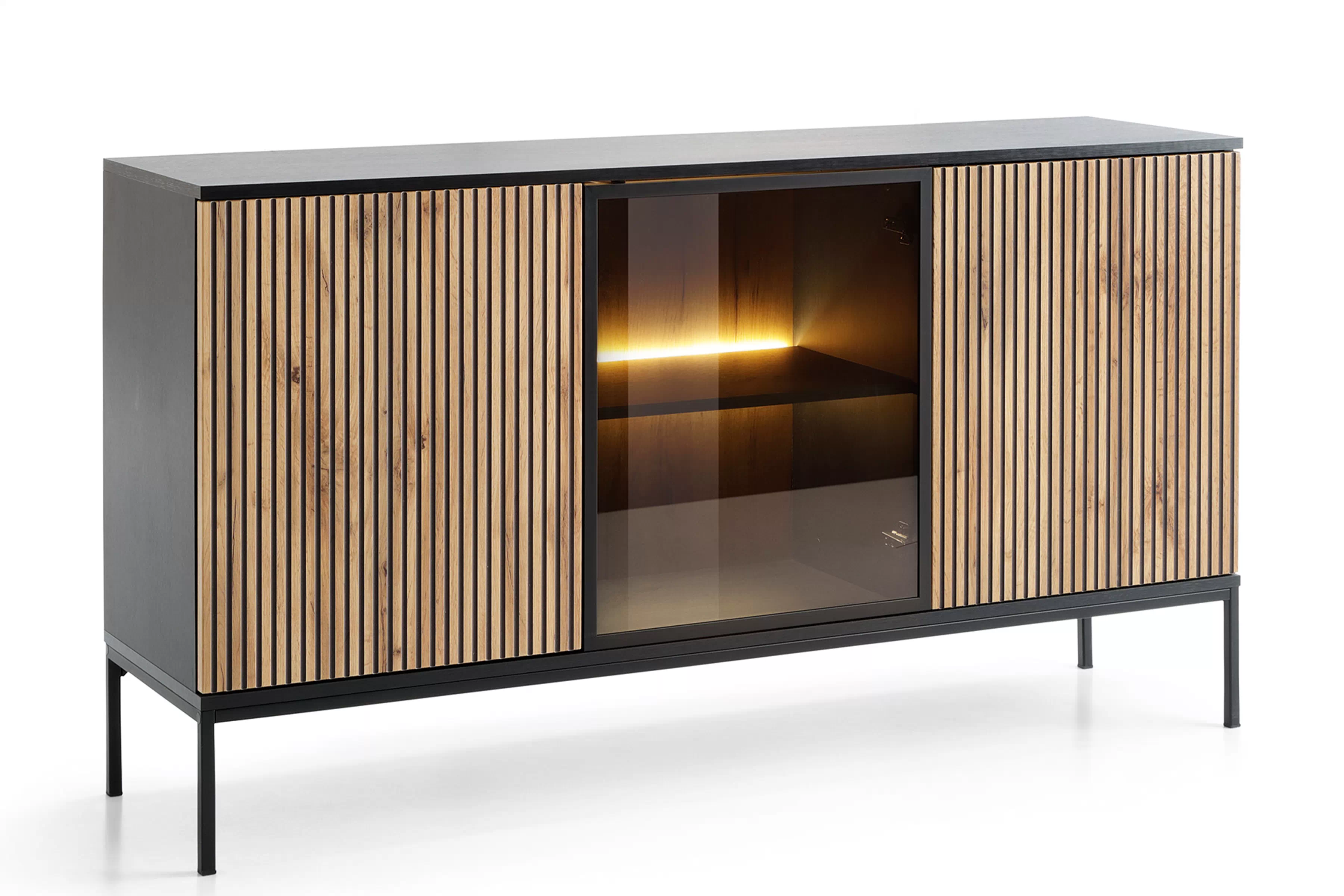 Trojdverová komoda Bogalo 154 cm s LED osvetlením - čierna / dub wotan Komoda trojdverová Bogalo s osvetlením LED - Čierny / Dub wotan