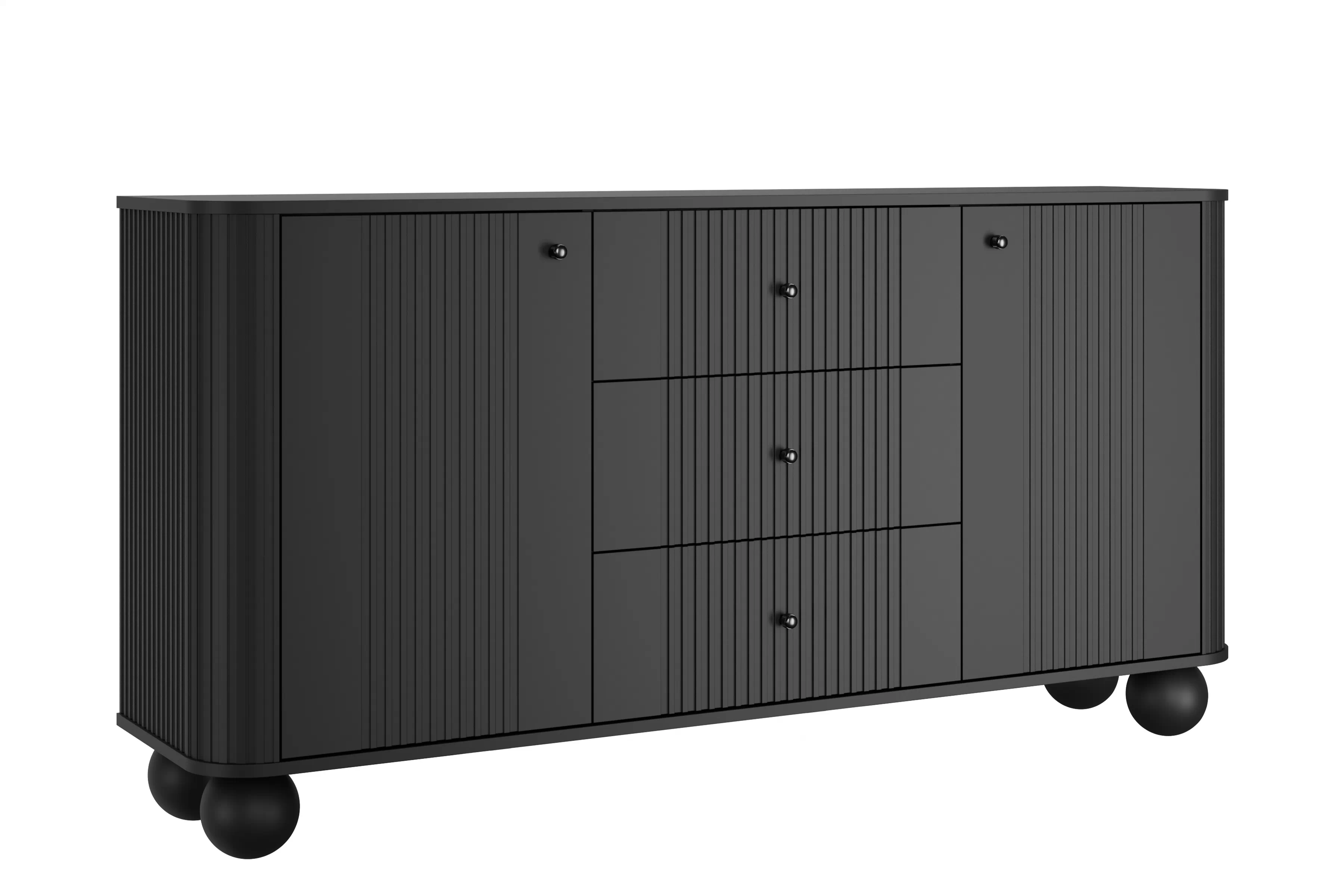 Komoda Vesper 160 cm so zásuvkami na guľatých nohách - čierna / čierne úchytky Komoda Vesper 160 cm so zásuvkami na kulach - Čierny / čierny úchyty / nožičky kule