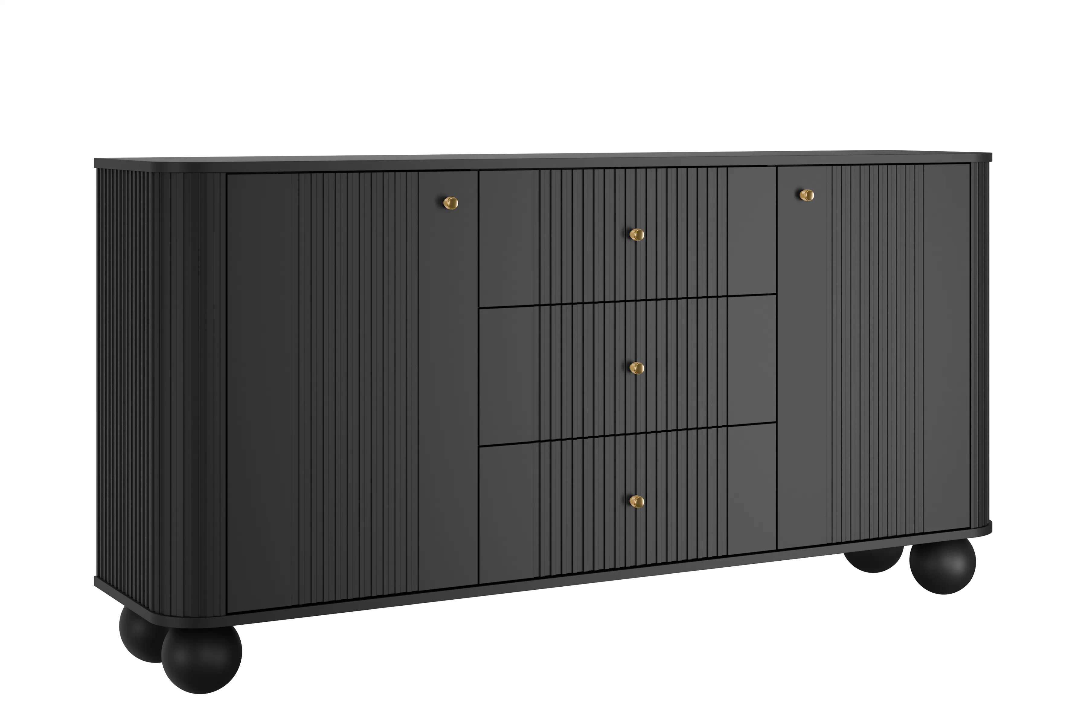Komoda Vesper 160 cm so zásuvkami na guľatých nohách - čierna / zlaté úchytky / guľaté nohy Komoda Vesper 160 cm so zásuvkami na kulach - Čierny / zlote úchyty / nožičky kule