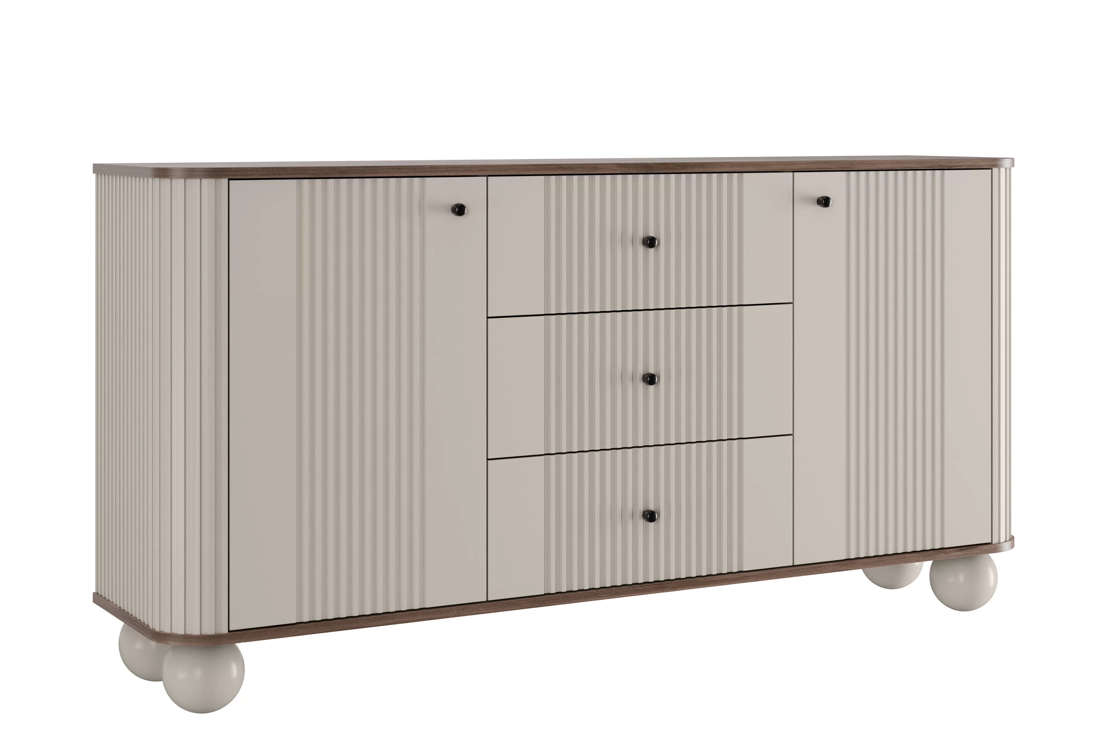 Komoda Vesper 160 cm so zásuvkami na guľatých nohách - kašmír / orech / čierne úchytky Komoda Vesper 160 cm so zásuvkami na kulach - kašmír / Orech / čierny úchyty / nožičky kule