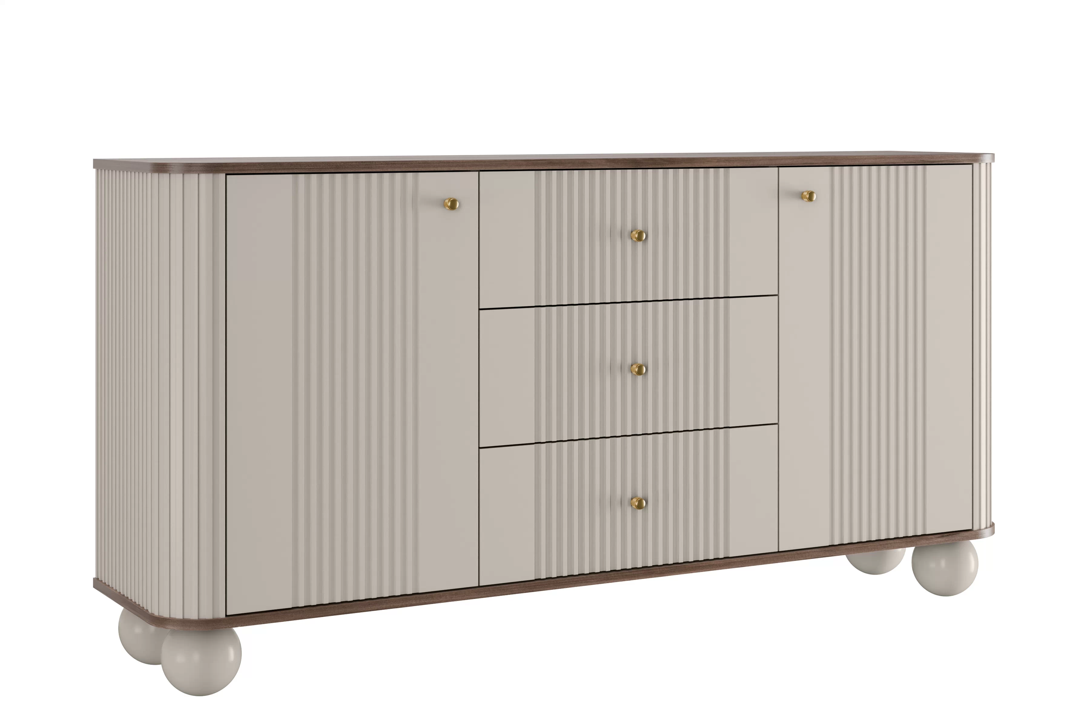 Komoda Vesper 160 cm so zásuvkami na guľatých nohách - kašmír / orech / zlaté úchytky Komoda Vesper 160 cm so zásuvkami na kulach - kašmír / Orech / zlote úchyty / nožičky kule