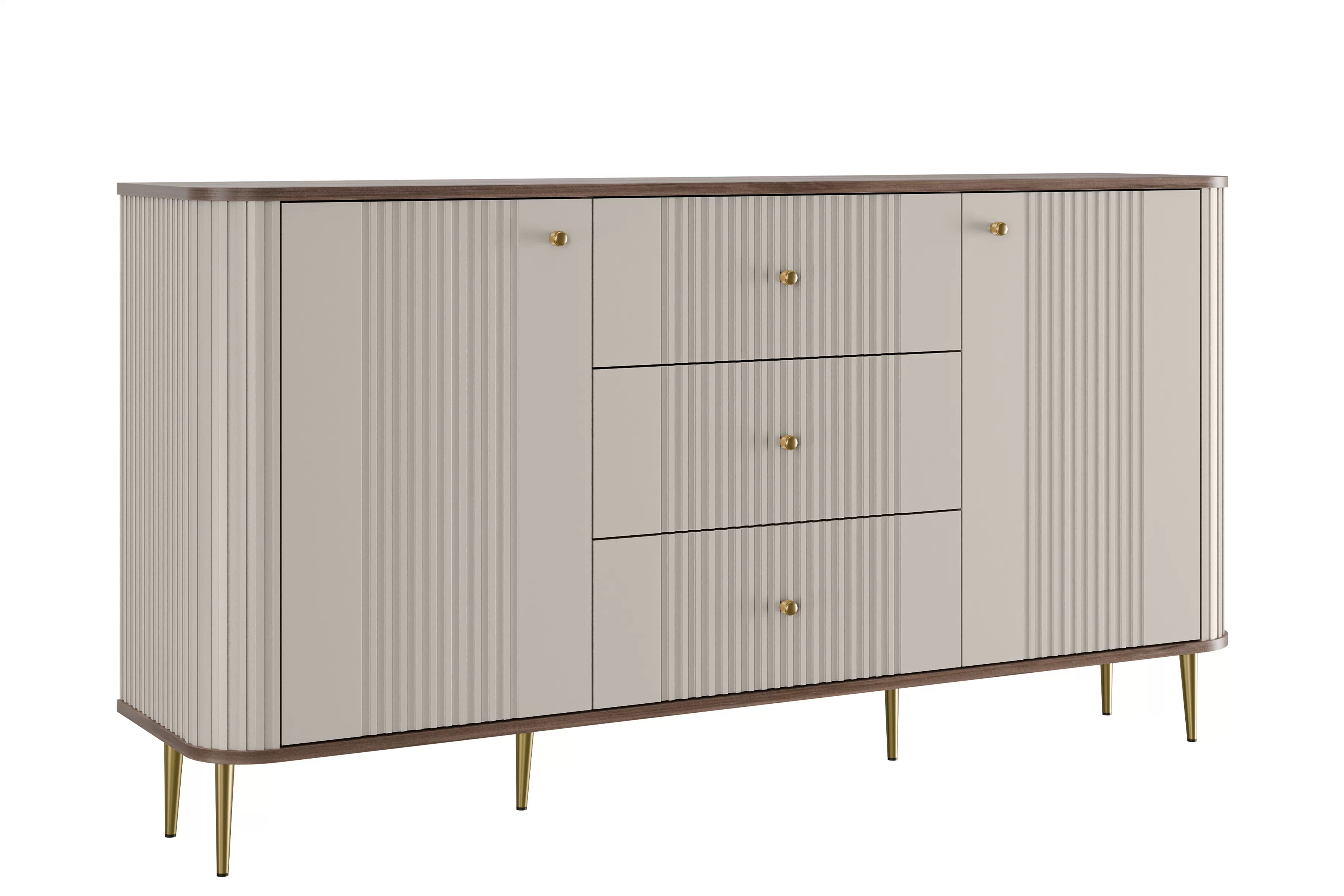 Komoda Vesper 160 cm so zásuvkami na nožičkách - kašmír / orech / zlaté nohy Komoda Vesper 160 cm so zásuvkami na nôžkach - kašmír / Orech / zlote nožičky