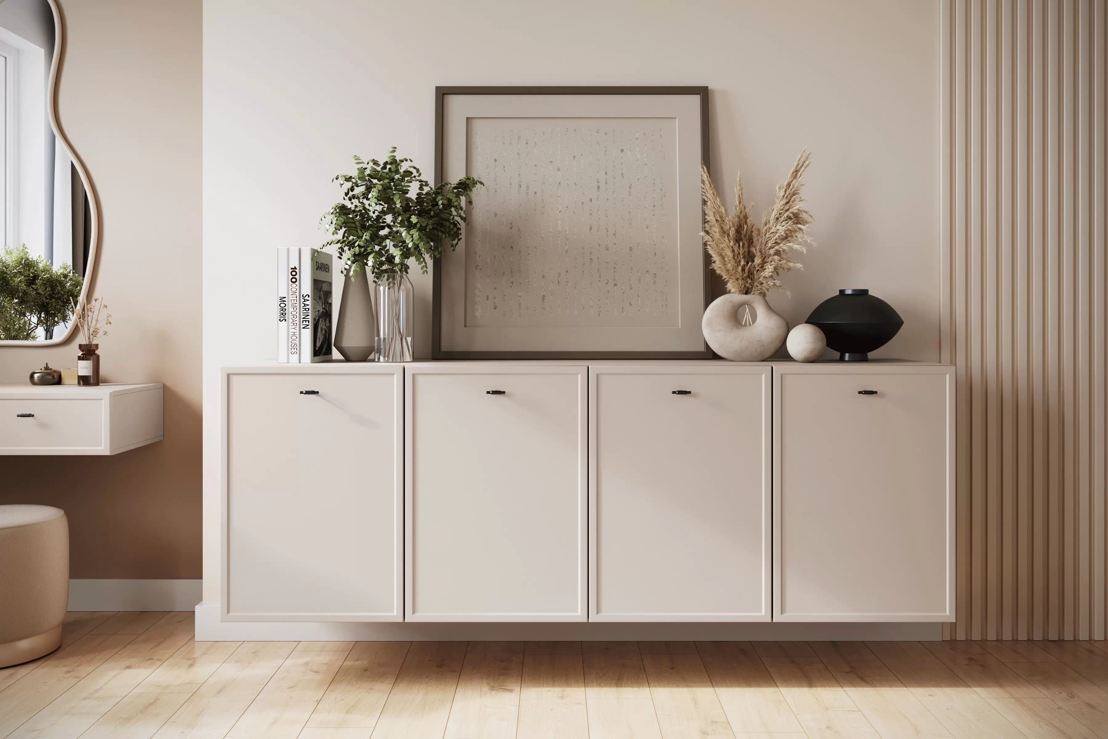 Závesná komoda Lorini 200 cm - kašmírová / čierne úchytky T Komoda závesná štvordverová Lorini 200 cm - kašmír / čierny úchyty T-bar