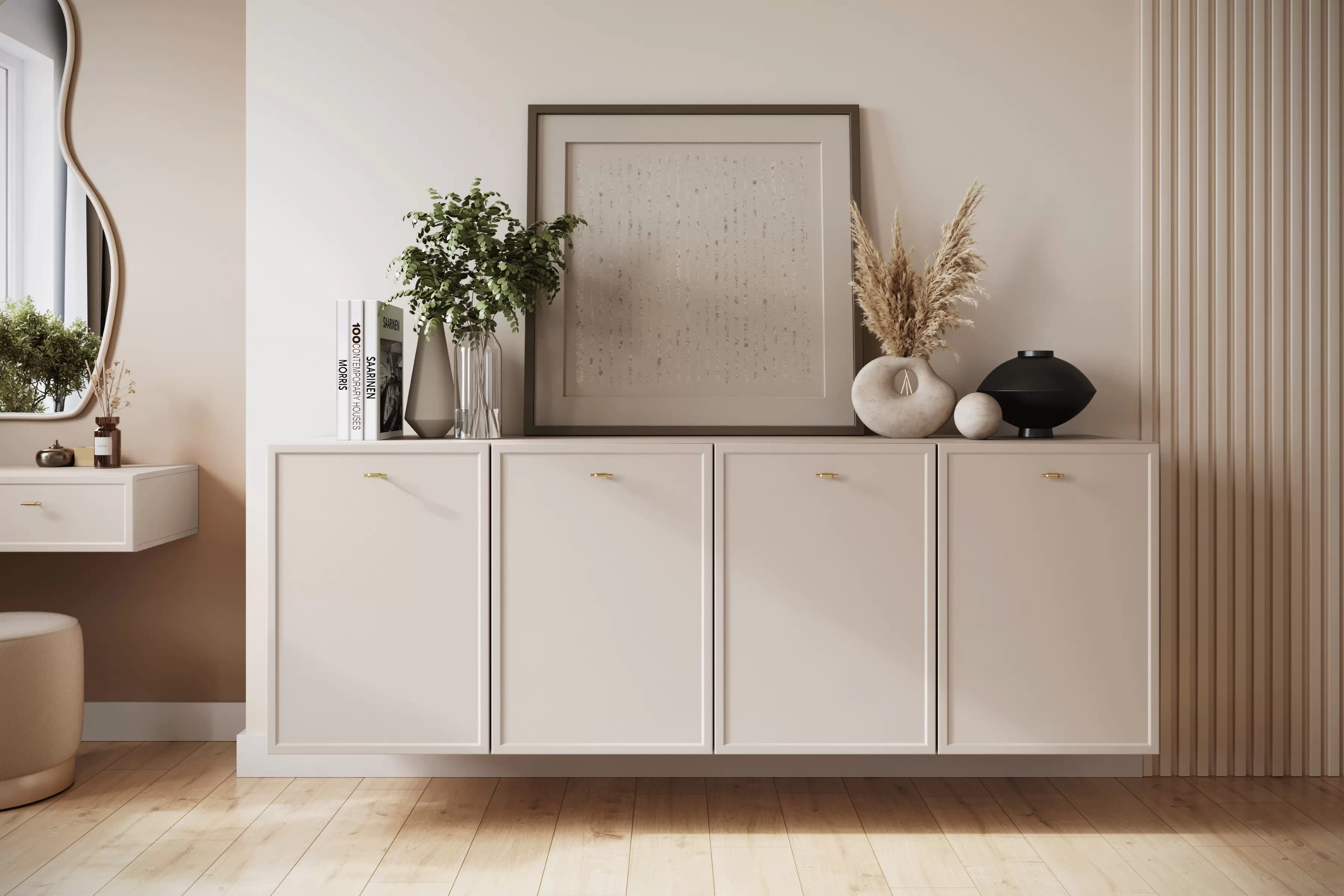 Závesná komoda Lorini 200 cm - kašmírová / zlaté úchytky T Komoda závesná štvordverová Lorini 200 cm - kašmír / zlote úchyty T-bar