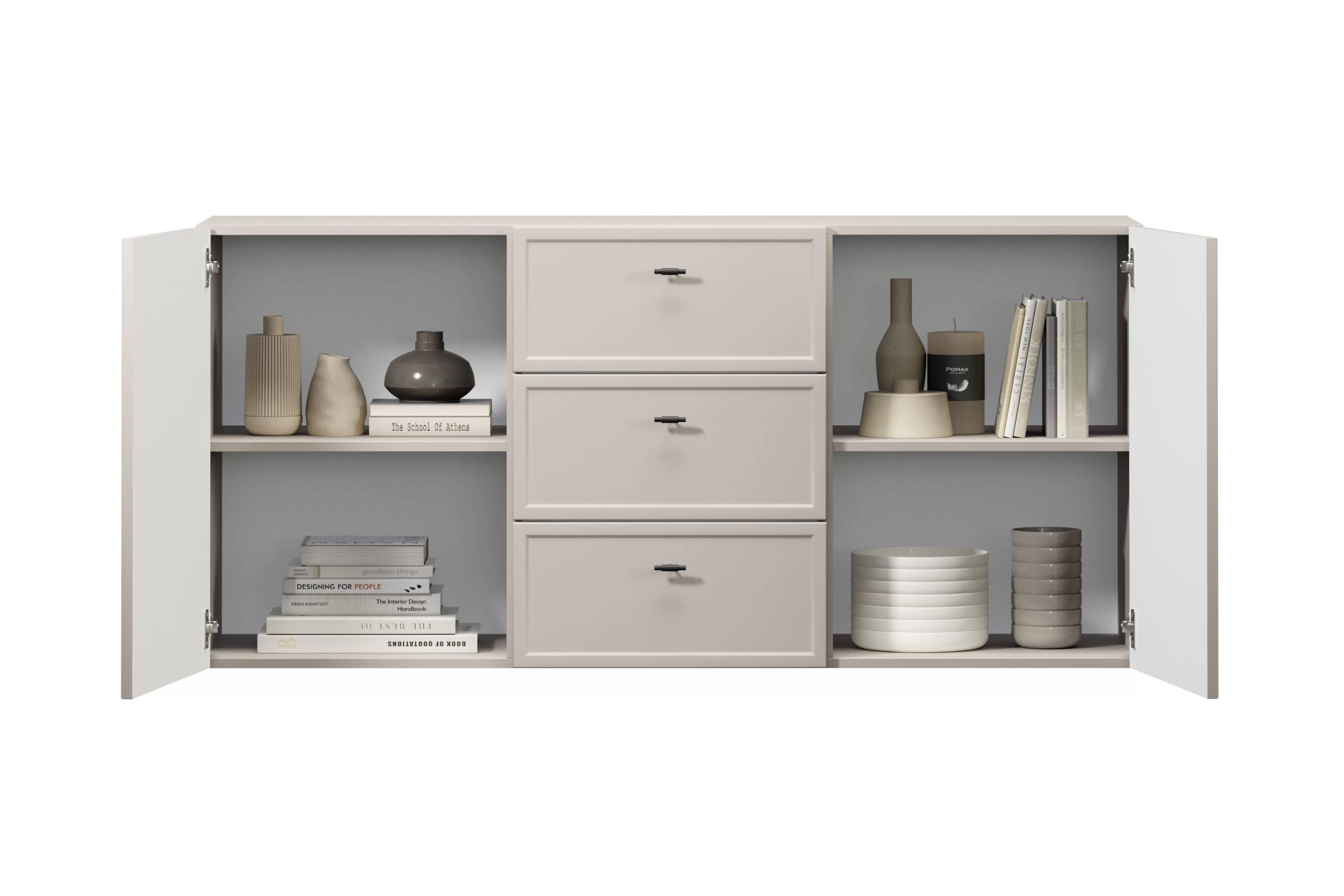 Závěsná komoda Lorini 150 cm - kašmírová / černé úchytky T-bar Komoda závěsná Lorini 150 cm se zásuvkami - kašmír / černá Úchytky T-bar