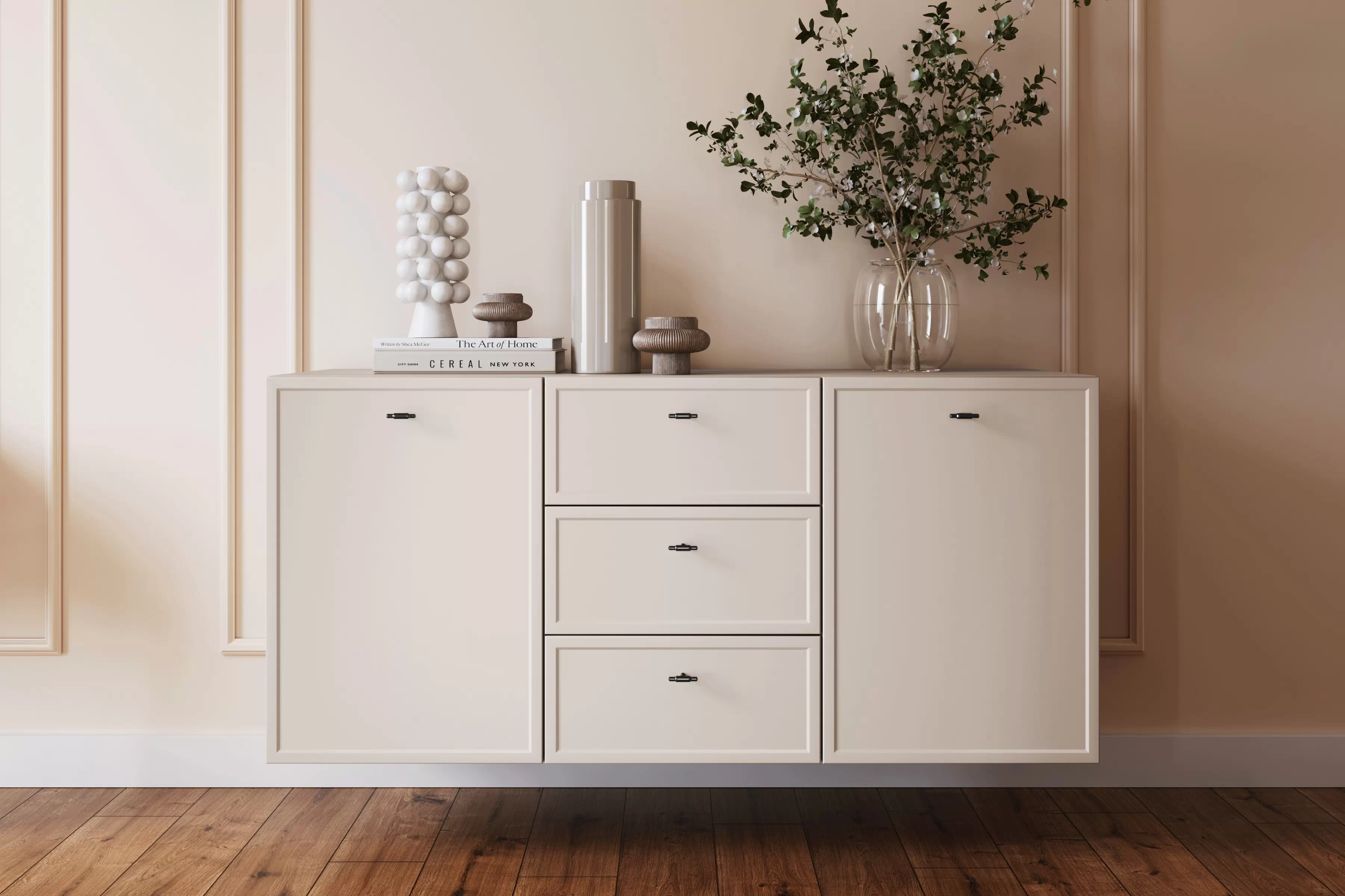 Závěsná komoda Lorini 150 cm - kašmírová / černé úchytky T-bar Komoda závěsná Lorini 150 cm se zásuvkami - kašmír / černá Úchytky T-bar