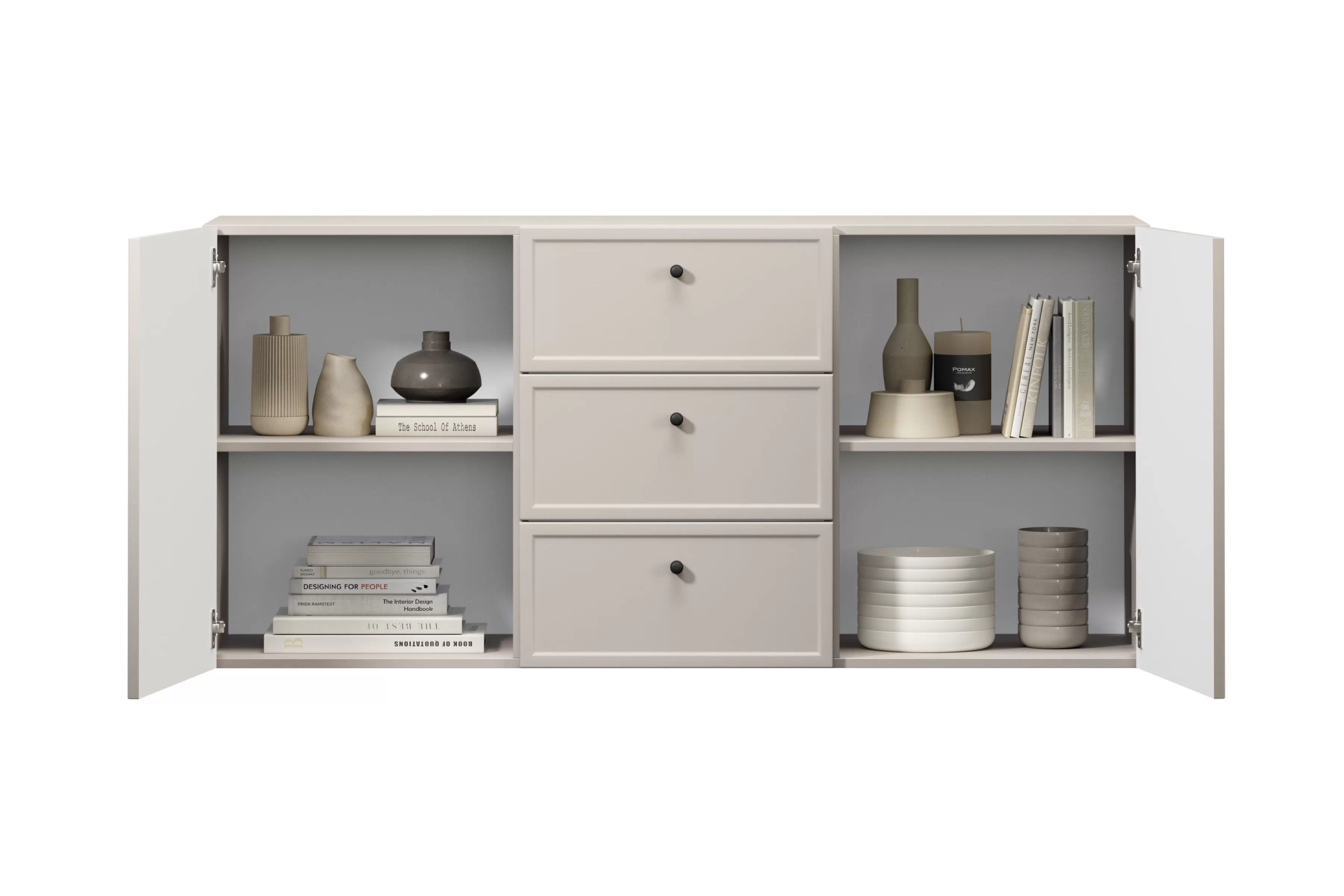 Závesná komoda Lorini 150 cm - kašmírová / čierne úchytky G Komoda závesná Lorini 150 cm so zásuvkami - kašmír / čierny úchyty