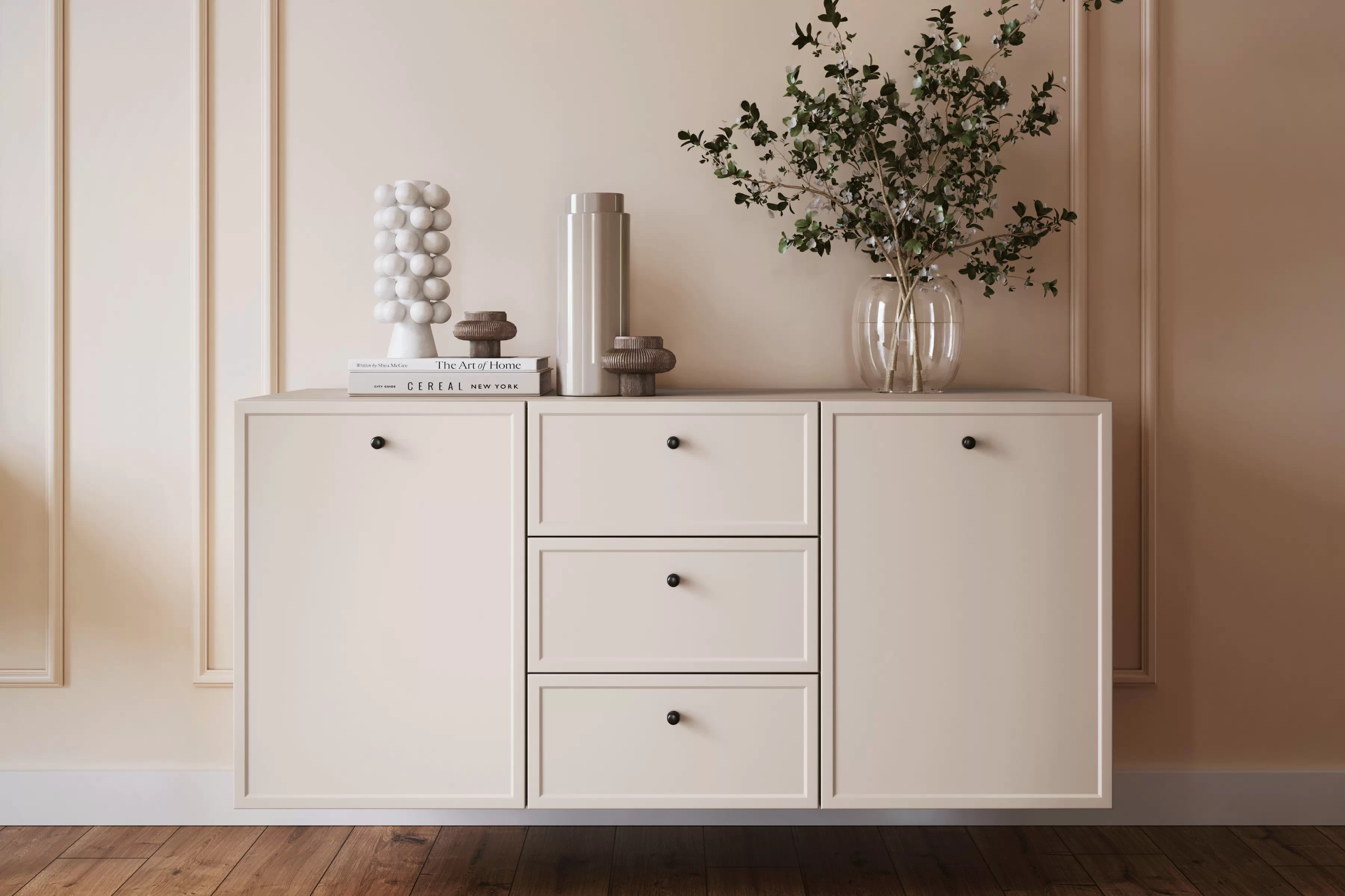 Závesná komoda Lorini 150 cm - kašmírová / čierne úchytky G Komoda závesná Lorini 150 cm so zásuvkami - kašmír / čierny úchyty