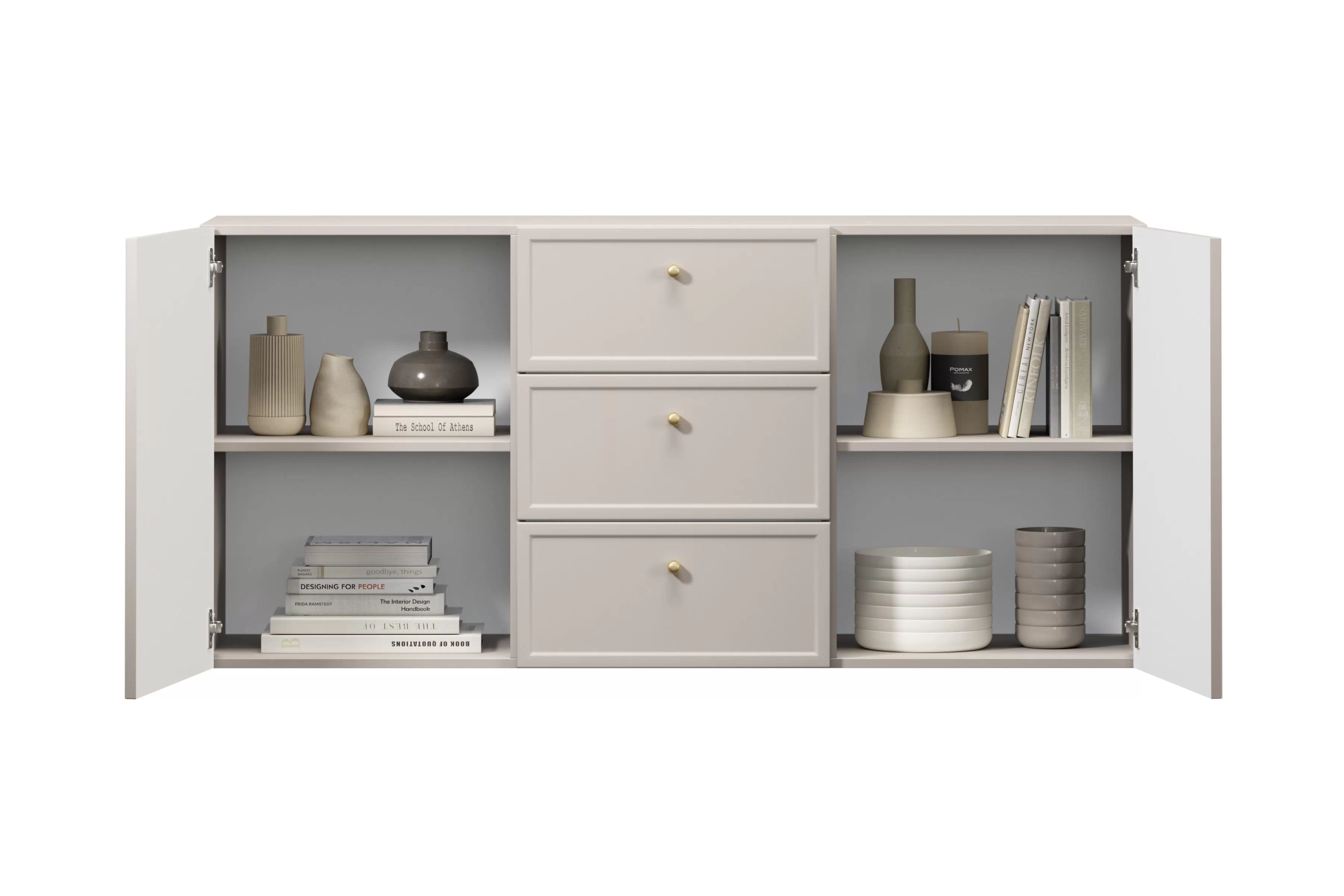 Závesná komoda Lorini 150 cm - kašmírová / zlaté úchytky G Komoda závesná Lorini 150 cm so zásuvkami - kašmír / zlote úchyty