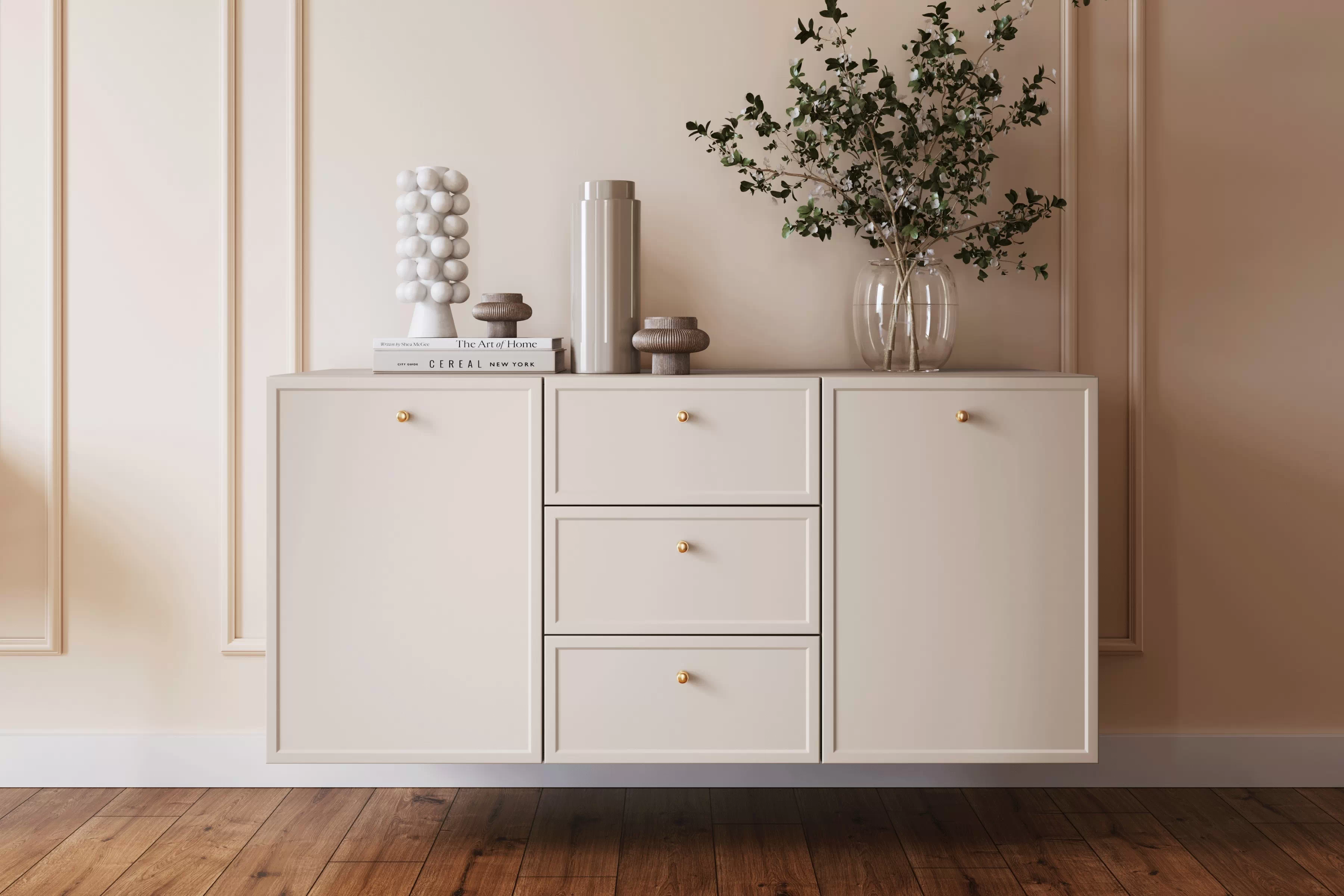 Závesná komoda Lorini 150 cm - kašmírová / zlaté úchytky G Komoda závesná Lorini 150 cm so zásuvkami - kašmír / zlote úchyty