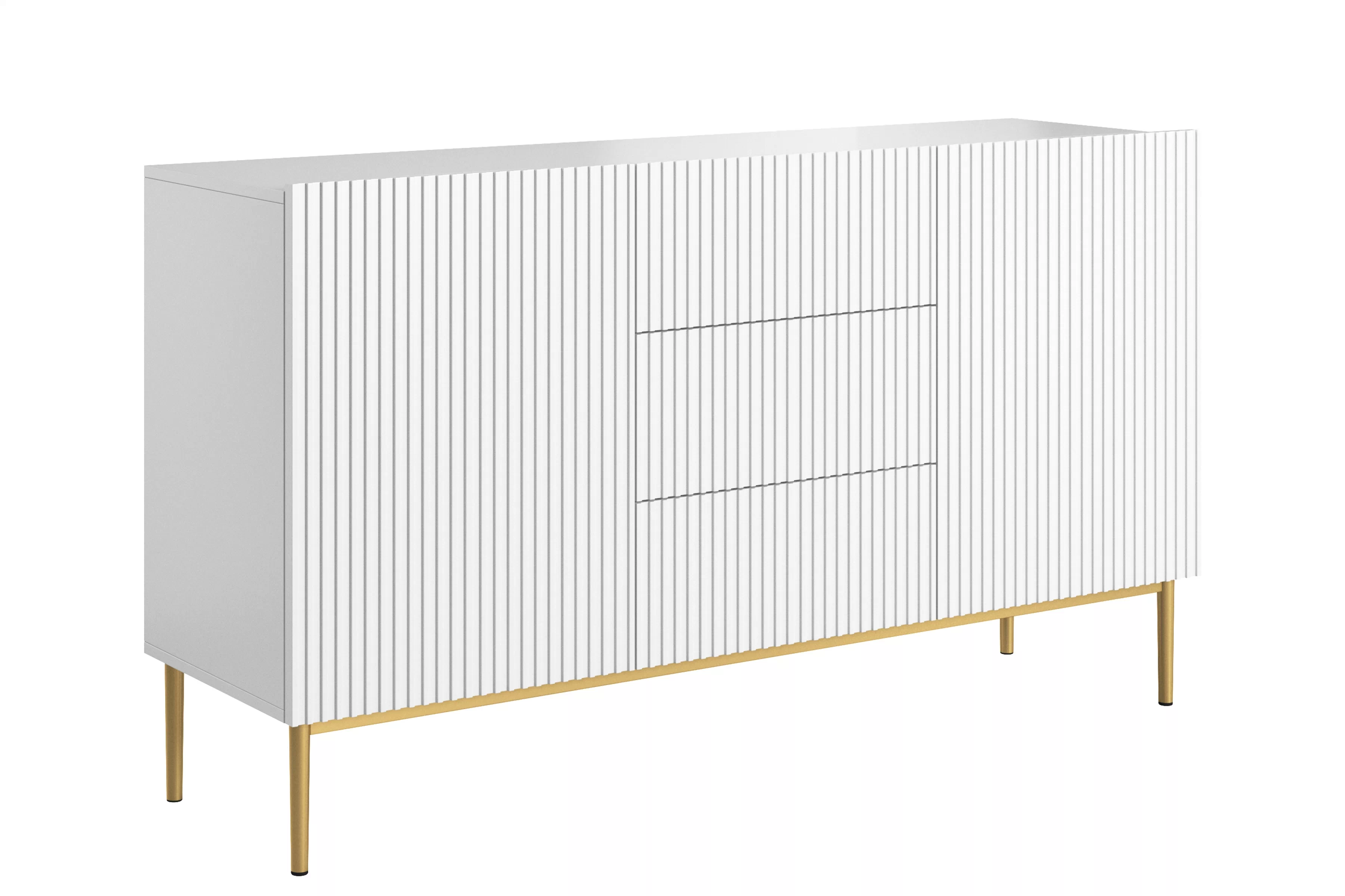 Biela komoda Nicole 150 cm so zásuvkami a ryhovaným čelom - matná biela / zlaté nohy Komoda zNicole 150 cm so zásuvkami i ryflowanym frontem - biely mat / zlote nozki