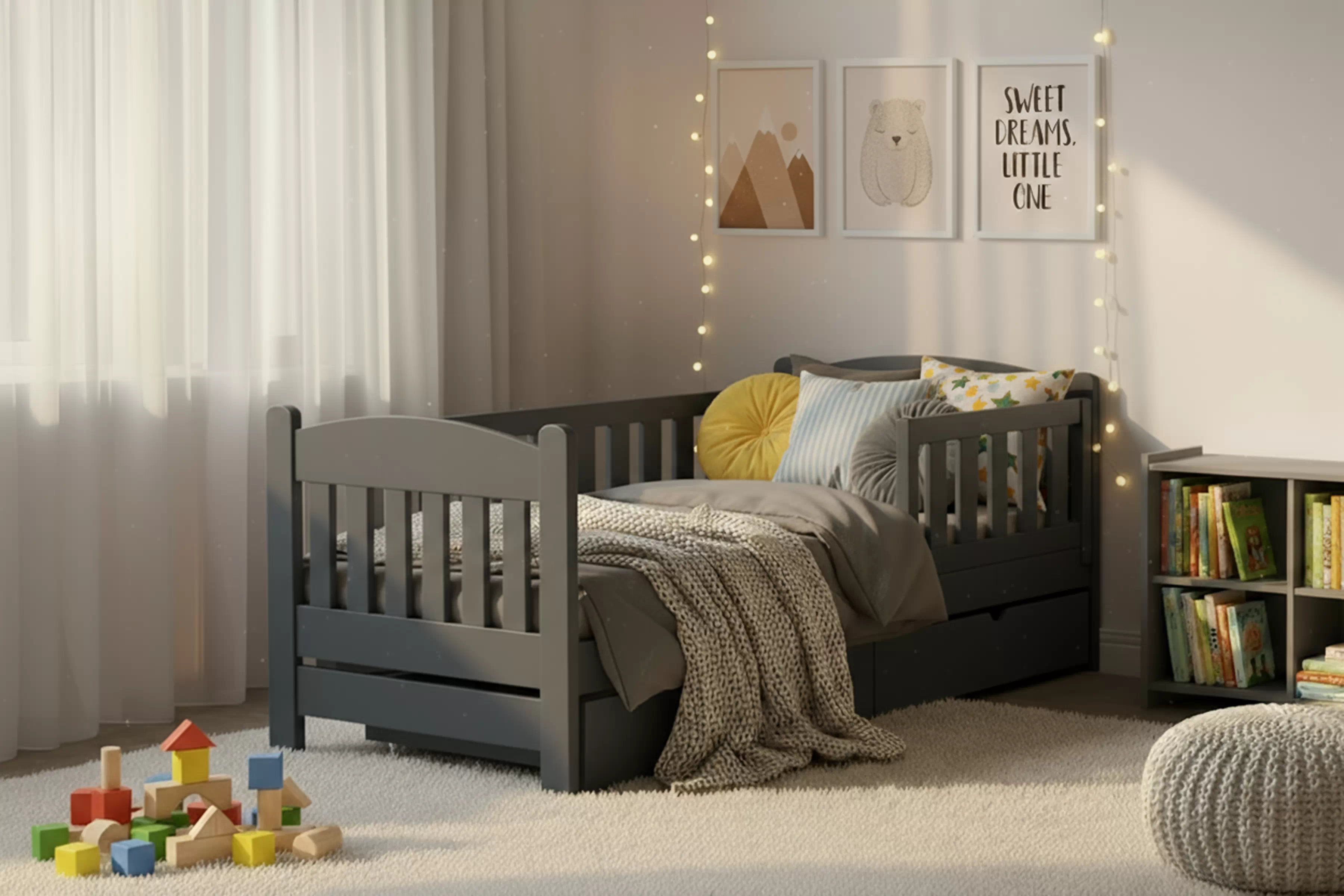 Detská posteľ Alvins 70x140 drevená so zásuvkami - grafitová Posteľ dzieciece Alvins 70x140 drevená so zásuvkami - grafit