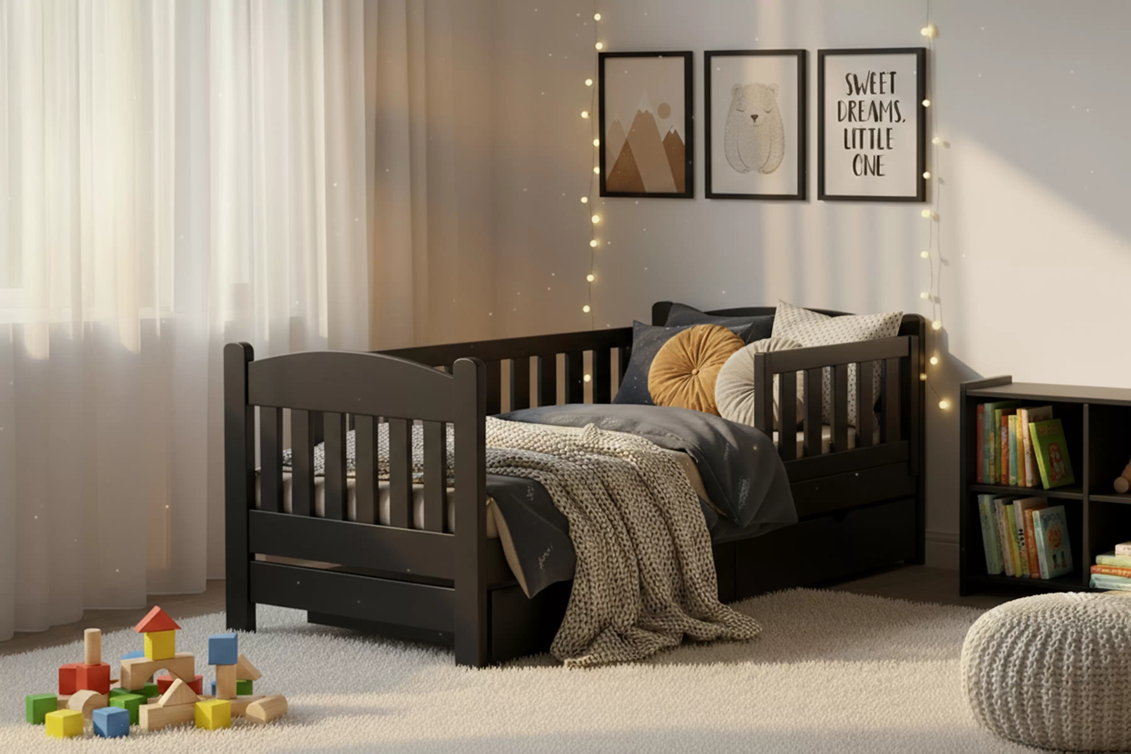 Detská posteľ Alvins 90x200 so zásuvkami - čierna Posteľ dzieciece Alvins 90x200 drevená so zásuvkami - Čierny