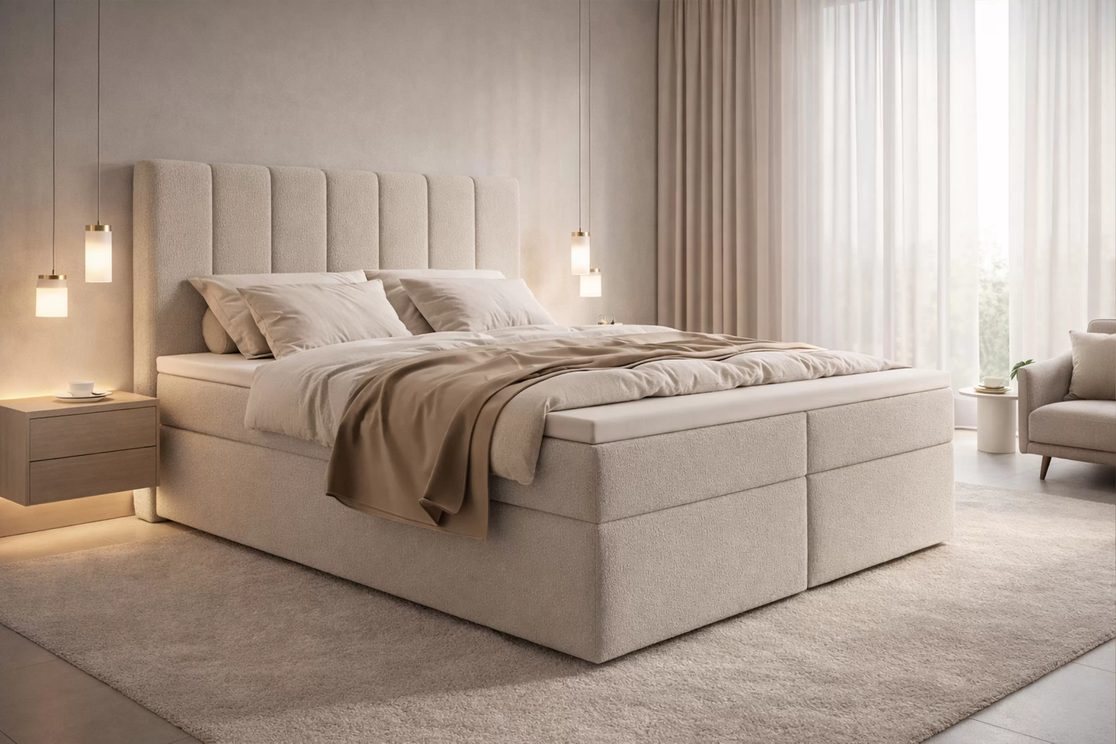 Kontinentálna posteľ Mareli 160x200 s úložným priestorom - béžová buklé Quelle 03 Boxspring posteľ Mareli 160x200 s úložným priestorom - Béžová bukla Quelle 03