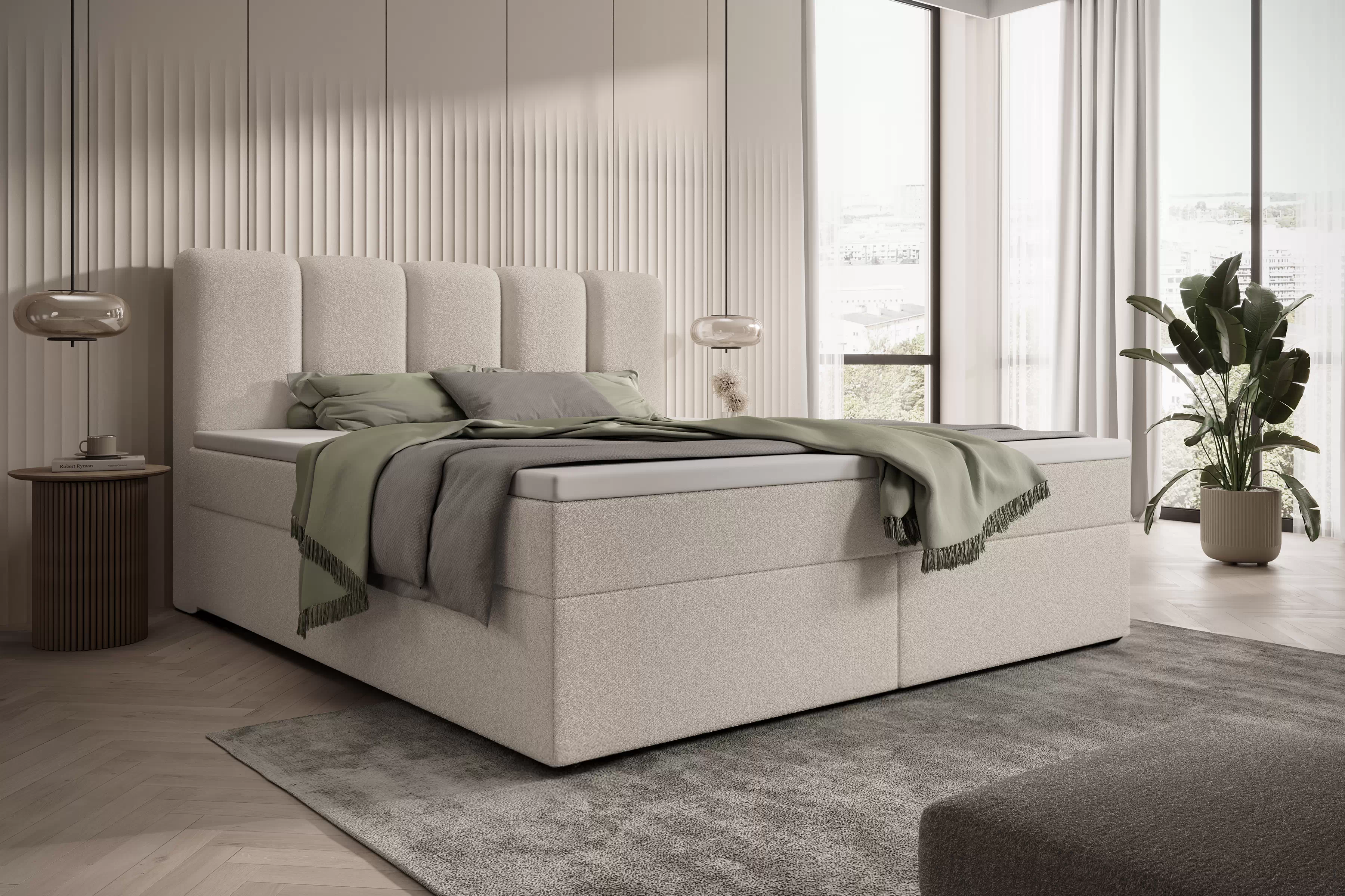 Kontinentálna posteľ Tenor 160x200 s úložným priestorom - béžová bouclé Quelle 03 Boxspring posteľ Tenor 160x200 s úložným priestorom - Béžová bukla Quelle 03