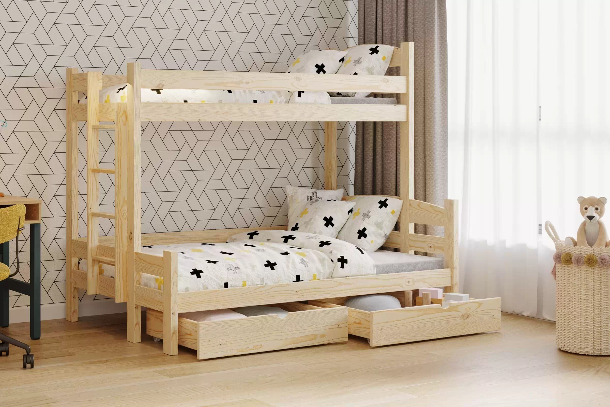 Poschodová posteľ Lovic so zásuvkami ľavá - borovica, 80x200/140x200 Posteľ poschodová so zásuvkami Lovic - Borovica - vizualizácia