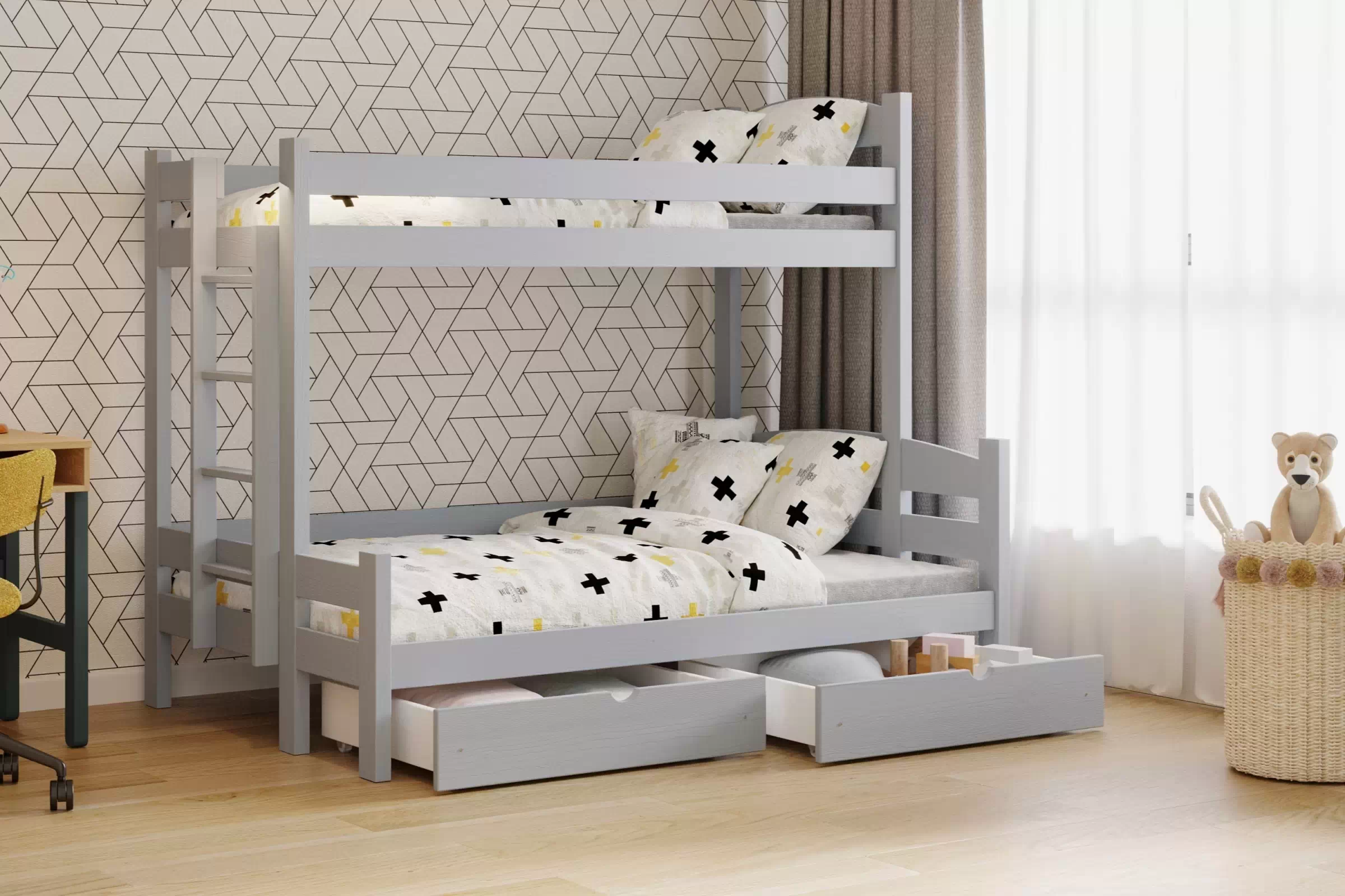 Poschodová posteľ Lovic so zásuvkami ľavá - šedý, 90x200/140x200 Posteľ poschodová so zásuvkami Lovic - šedý - vizualizácia