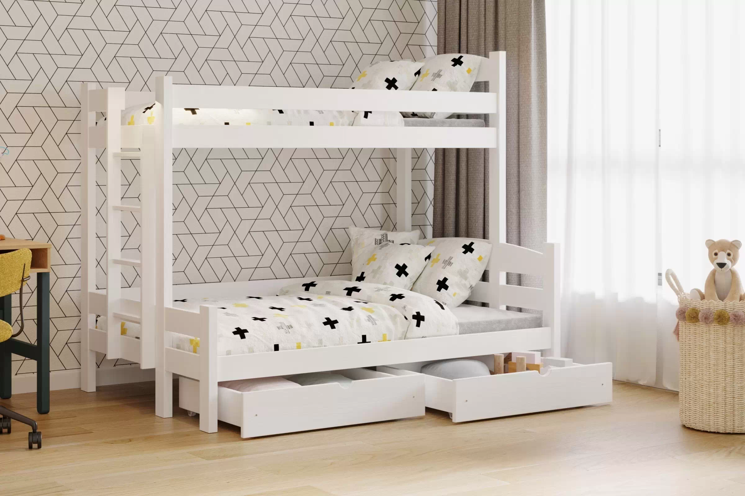 Patrová postel Lovic levá 80x200/120x200 cm - bílá postel patrová  s zásuvkami Lovic - Bílý - aranzacja