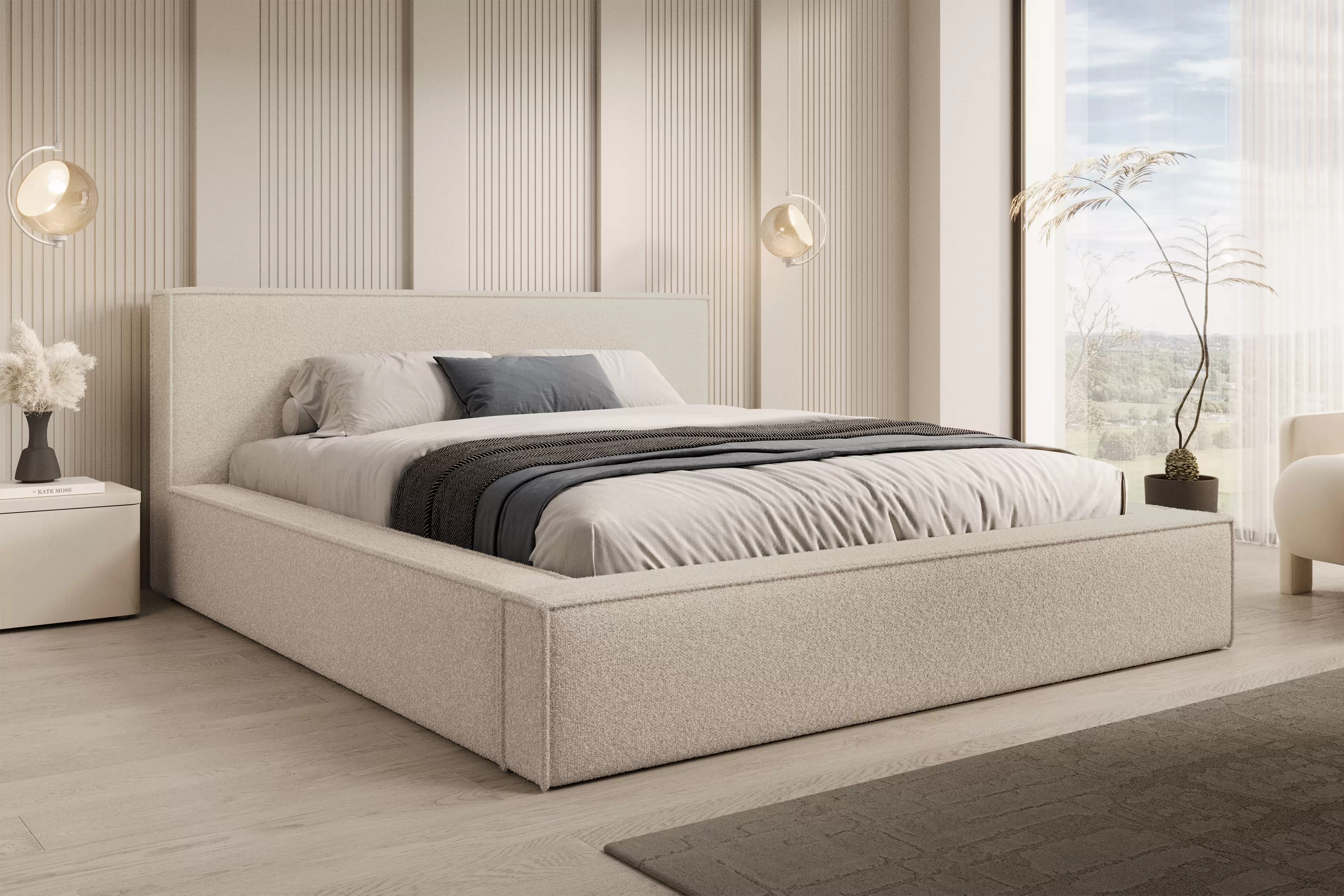 Čalúnená posteľ Nirello 160x200 s úložným priestorom - béžová bukla Quelle 03 Posteľ čalúnená Nirello 160x200 S vnútorným úložným priestorom- Béžová bukla Quelle 03