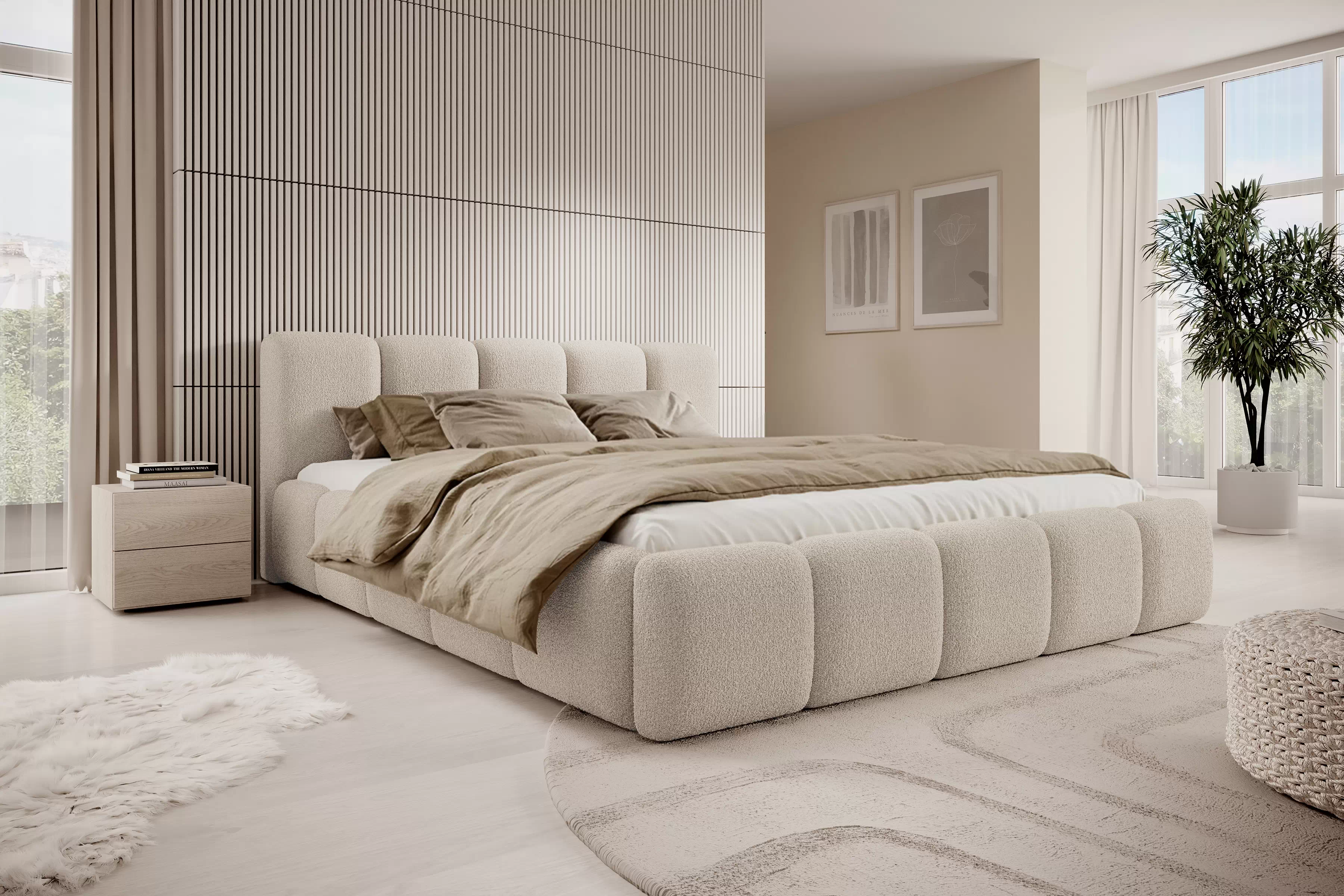 Čalúnená posteľ Tesia 180x200 s úložným priestorom - béžová bukla Quelle 03 Posteľ čalúnená Tesia 180x200 S vnútorným úložným priestorom- Béžová bukla Quelle 03