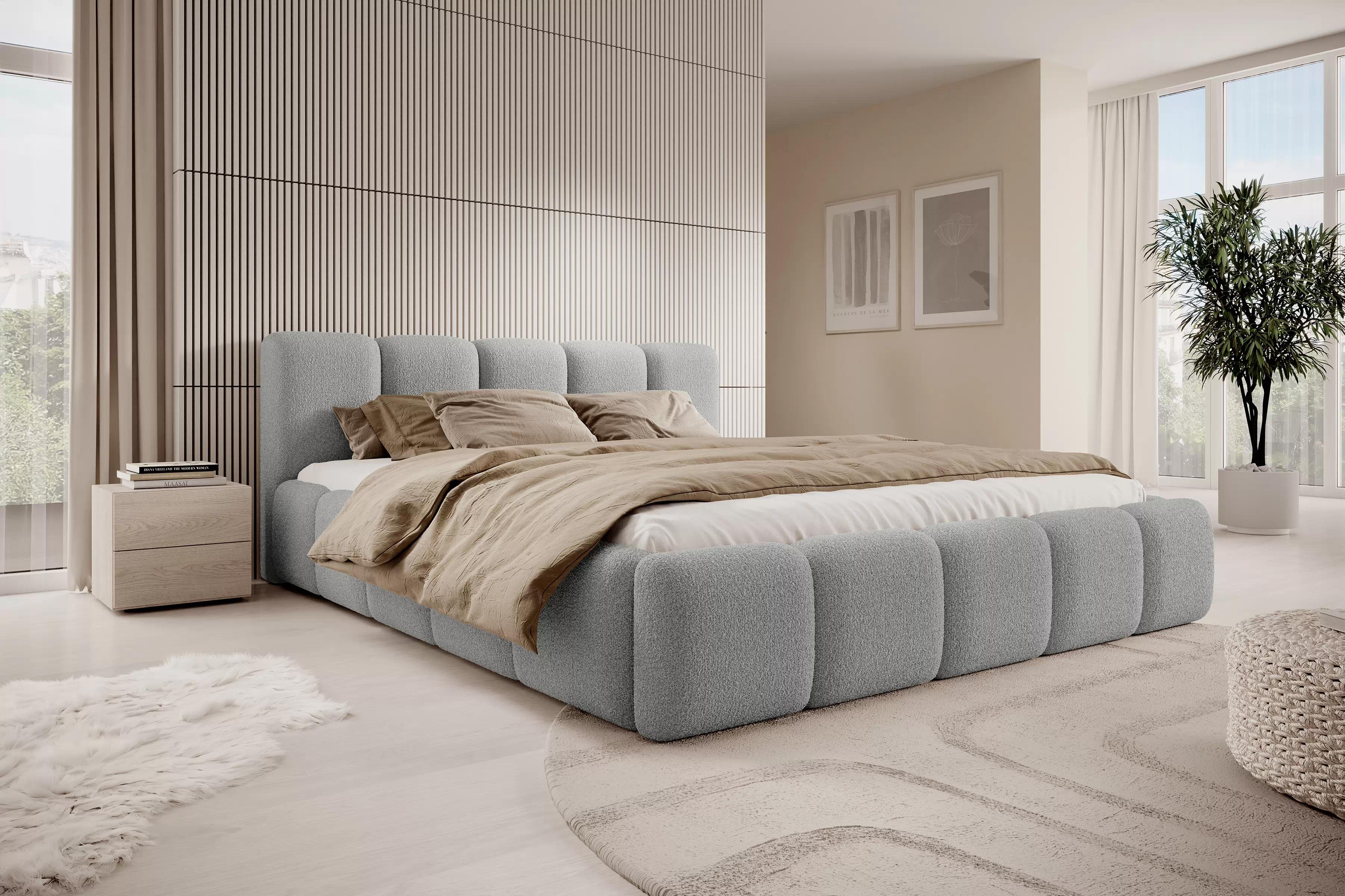 Čalouněná postel Tesia 180x200 s úložným prostorem - šedá bouclé Quelle 83 Postel čalouněné Tesia 180x200 s úložným prostorem- šedá bukla Quelle 83