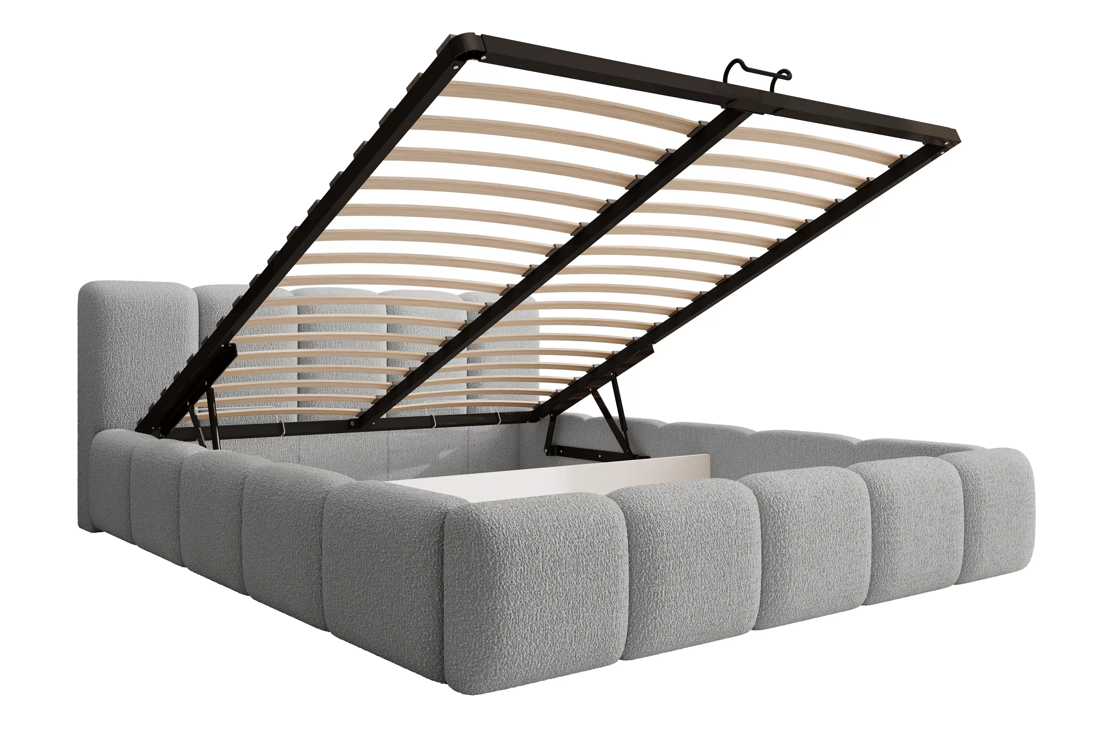 Čalouněná postel Tesia 180x200 s úložným prostorem - šedá bouclé Quelle 83 Postel čalouněné Tesia 180x200 s úložným prostorem- šedá bukla Quelle 83