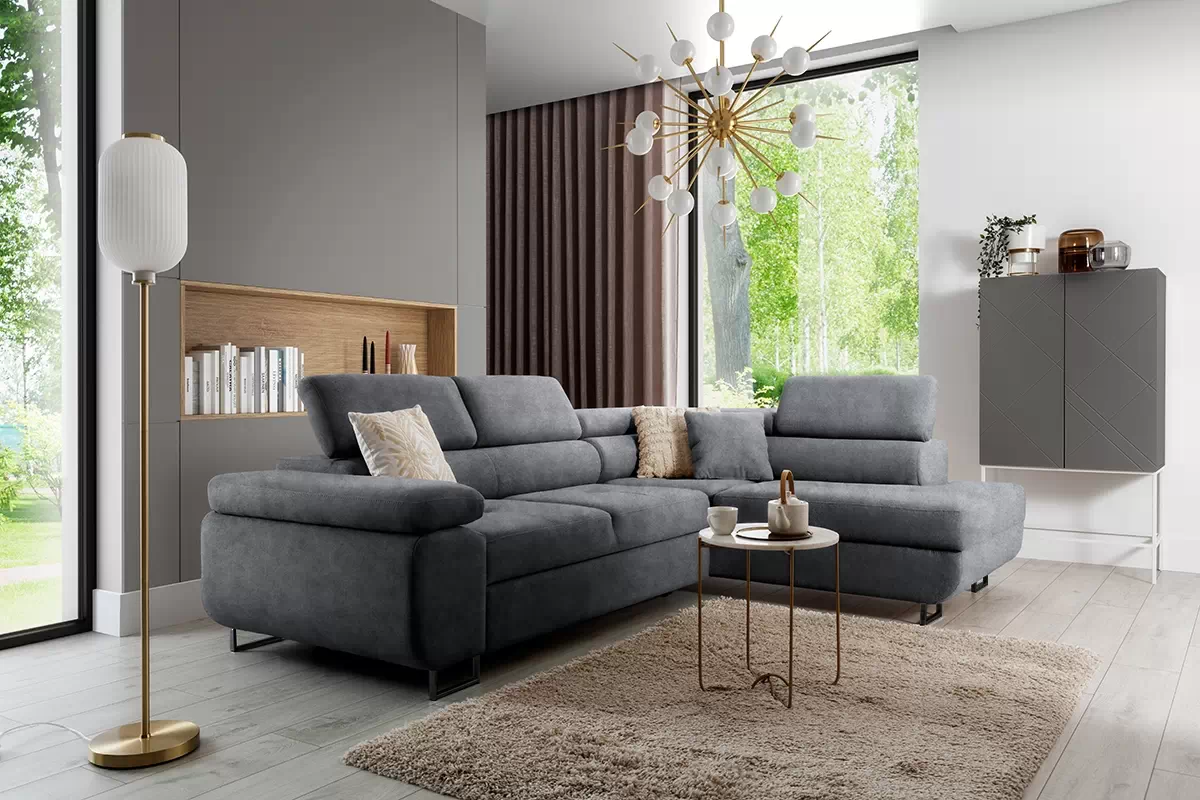 Rozkladacia rohová sedacia súprava Annabelle L pravá - grafitový zamat Zetta 304 / čierne nožičky Rohová sedacia súprava do obývacej izby Annabelle L pravá strana - Grafitový zamat hydrofobowy Zetta 304 / nožičky čierny