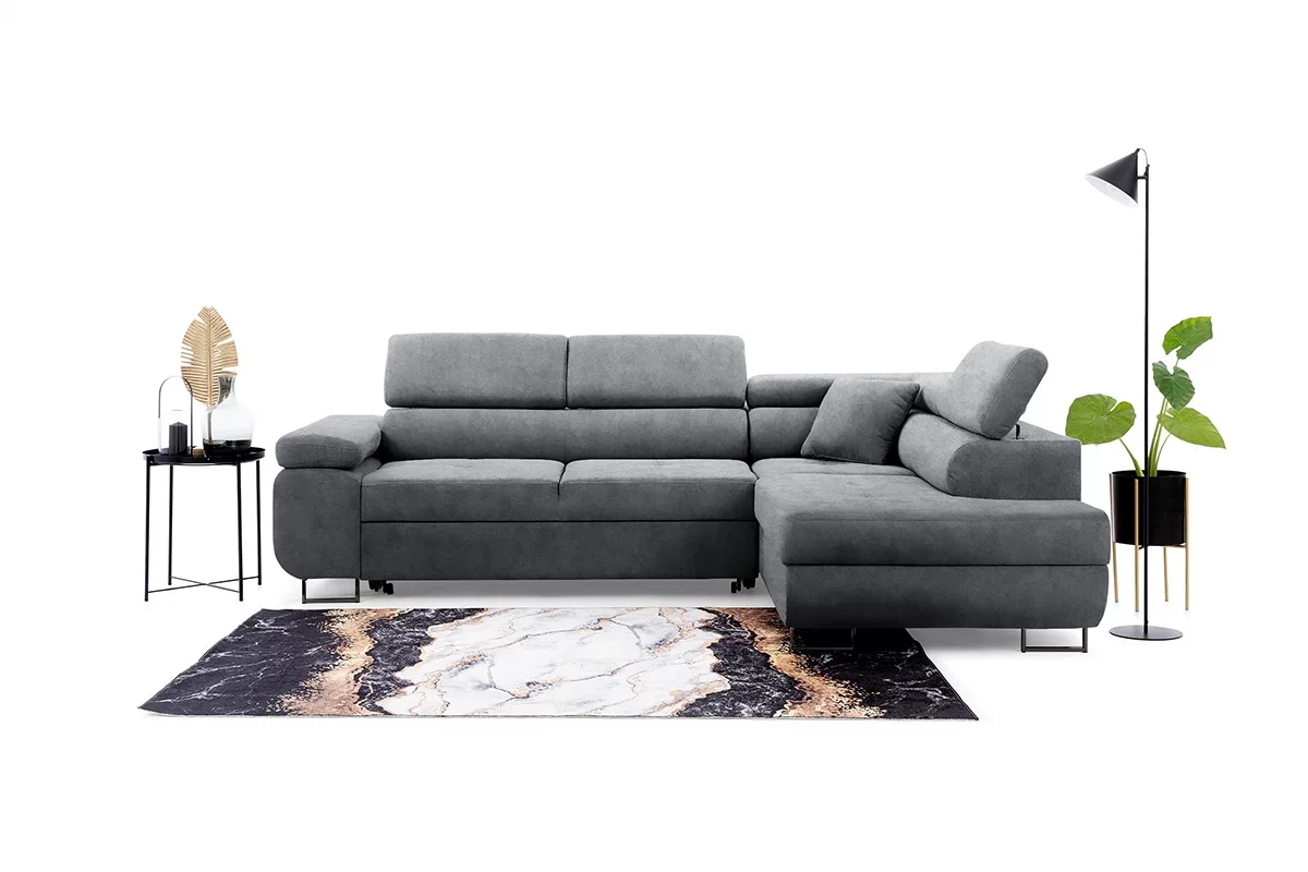 Rozkladacia rohová sedacia súprava Annabelle L pravá - grafitový zamat Zetta 304 / čierne nožičky Rohová sedacia súprava do obývacej izby Annabelle L pravá strana - Grafitový zamat hydrofobowy Zetta 304 / nožičky čierny