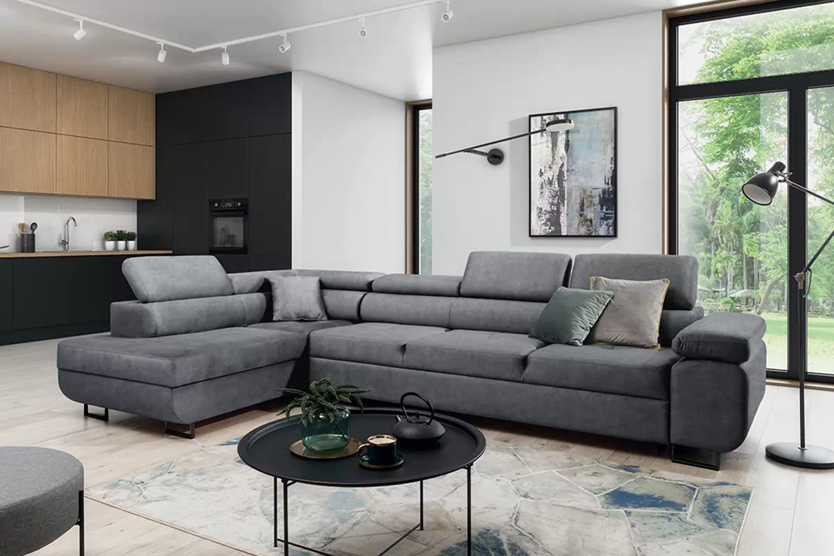 Rozkladacia rohová sedacia súprava Annabelle Maxi ľavá - grafitový ľahkočistiaci zamat Zetta 304 / čierne nožičky Rohová sedacia súprava do obývacej izby Annabelle Maxi Ľavá strana - Grafitový zamat ľahkočistiaci Zetta 304 / nožičky čierny