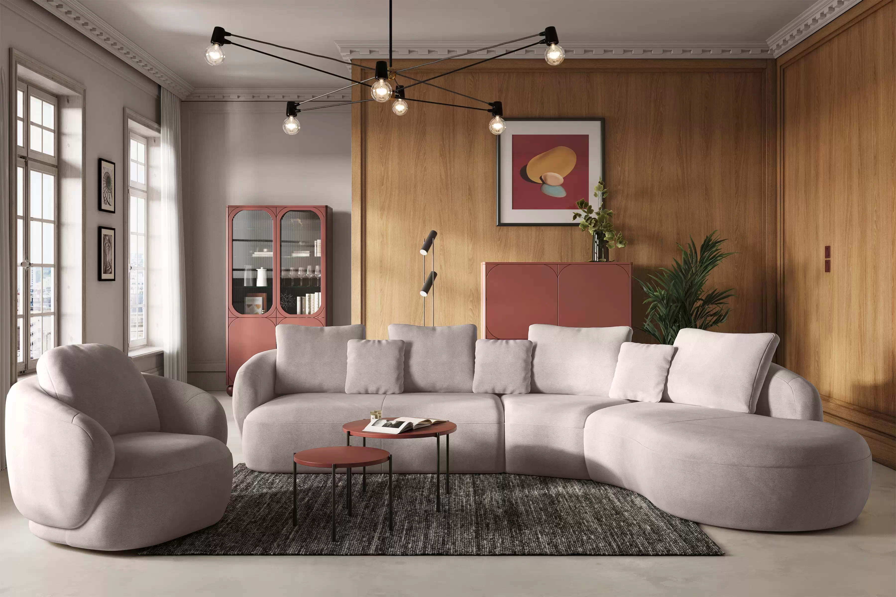 Rohová sedacia súprava Finezal 2L+C+OTP pravá - béžová žinylka Tender Way 04 Rohová sedacia súprava do obývacej izby Finezal 2L+C+OTP pravá strana - béžový šenil Tender Way 04